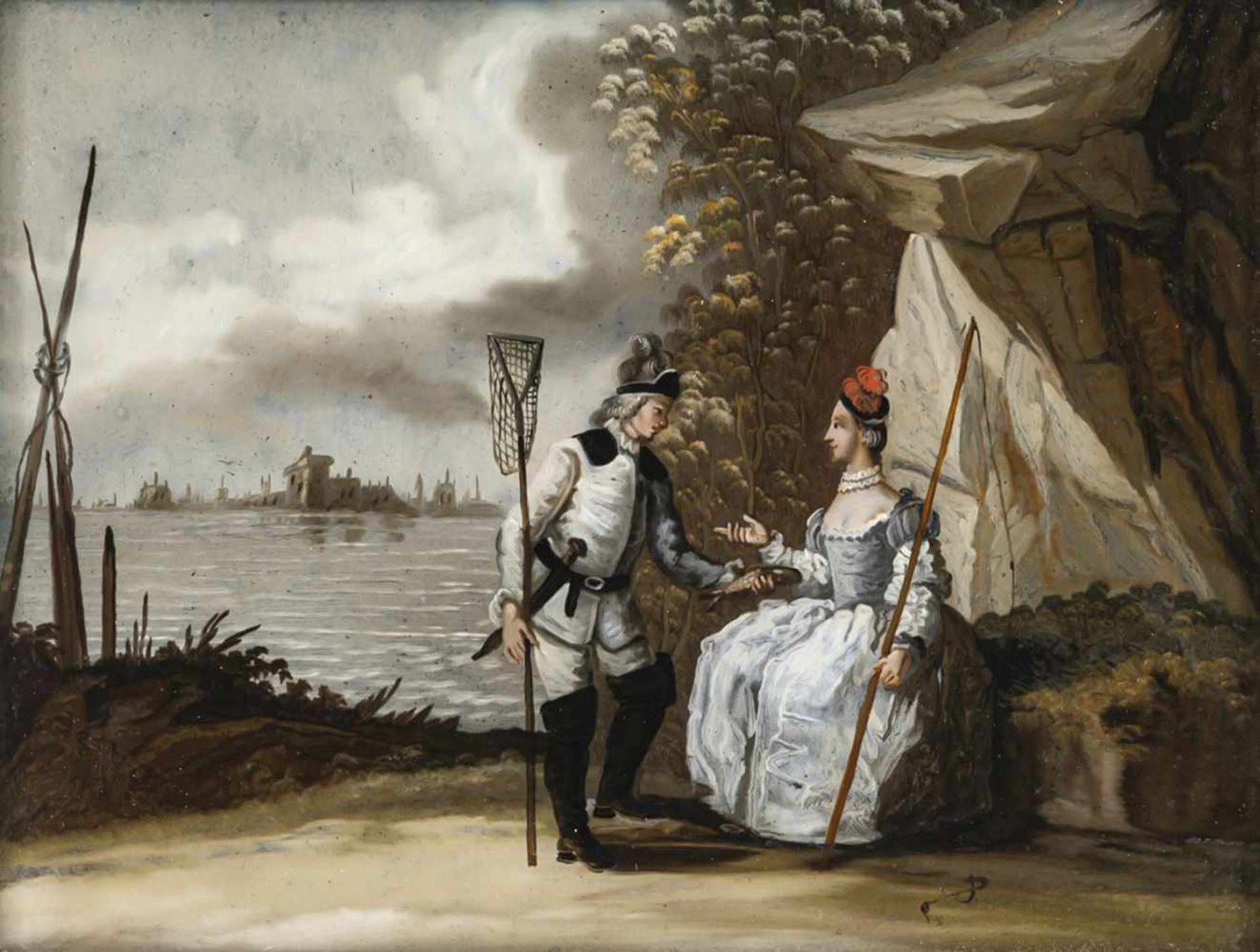 A GLASS PAINTING ON REVERSE DEPICTING THE ELEMENT WATER, Augsburg, c. 1750. A fisher's couple in