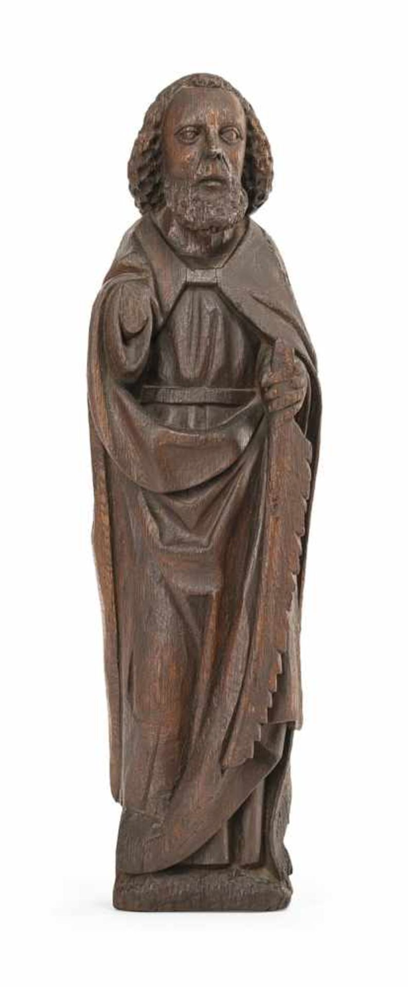 ST. SIMON ZELOTES. Northern German, late 15th century. Oakwood, carved with slightly rounded back,