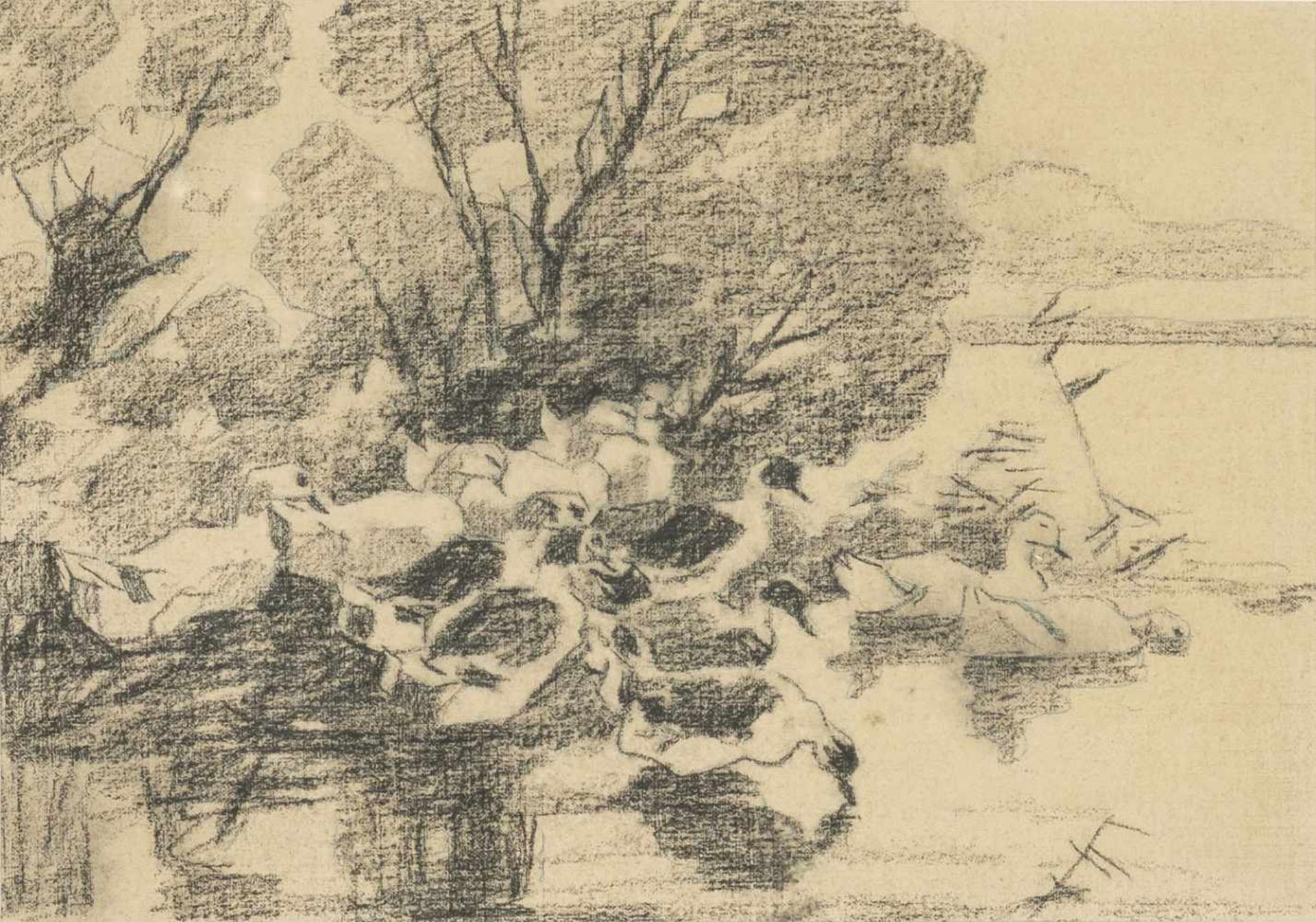 KOESTER, ALEXANDER (1864-1932). Ducks at lakeshore. Charcoal/canvas, verso estate stamp.