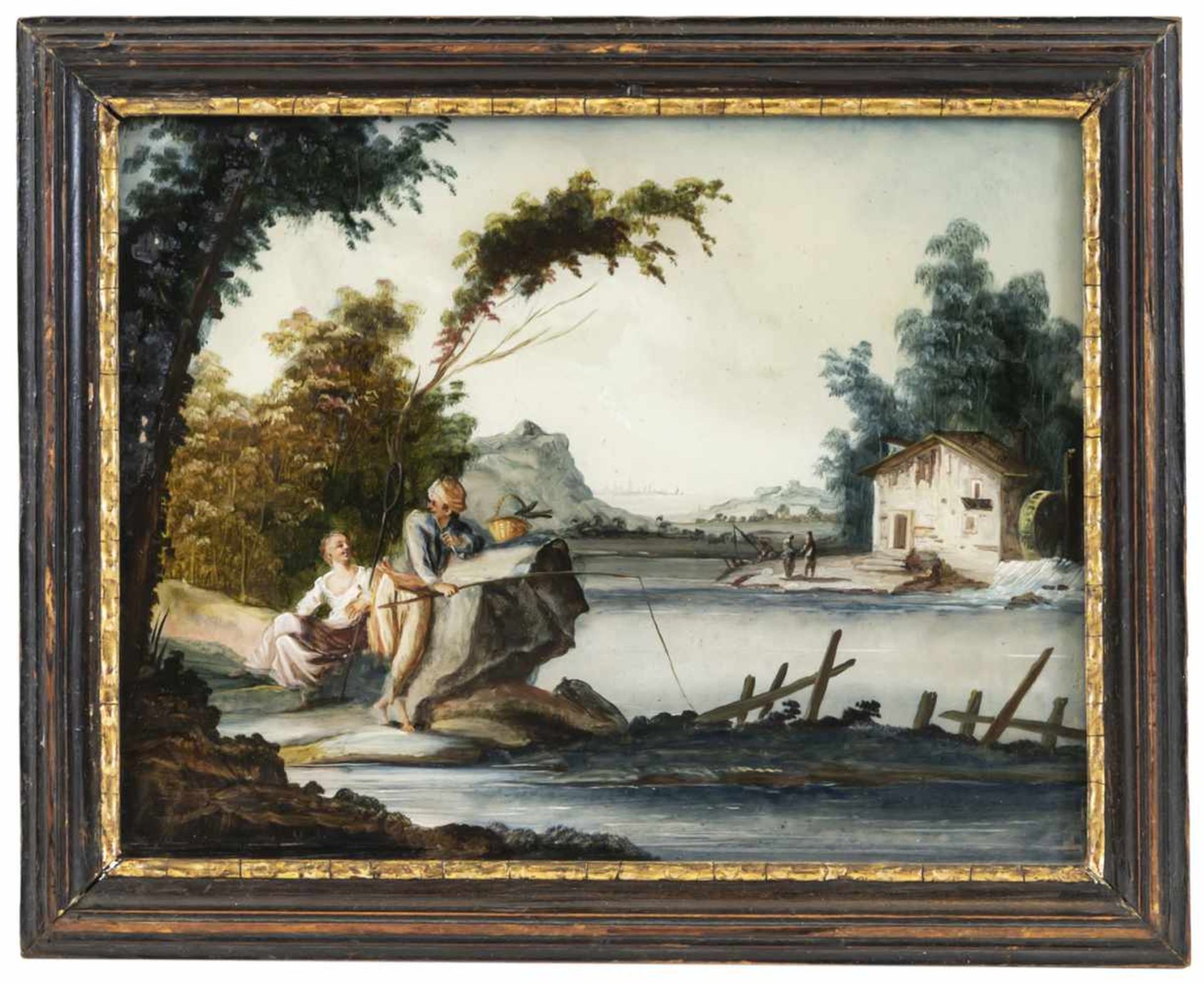 A GLASS PAINTING ON REVERSE, Augsburg, middle of 18th century. A fisher's couple in a river - Bild 2 aus 2