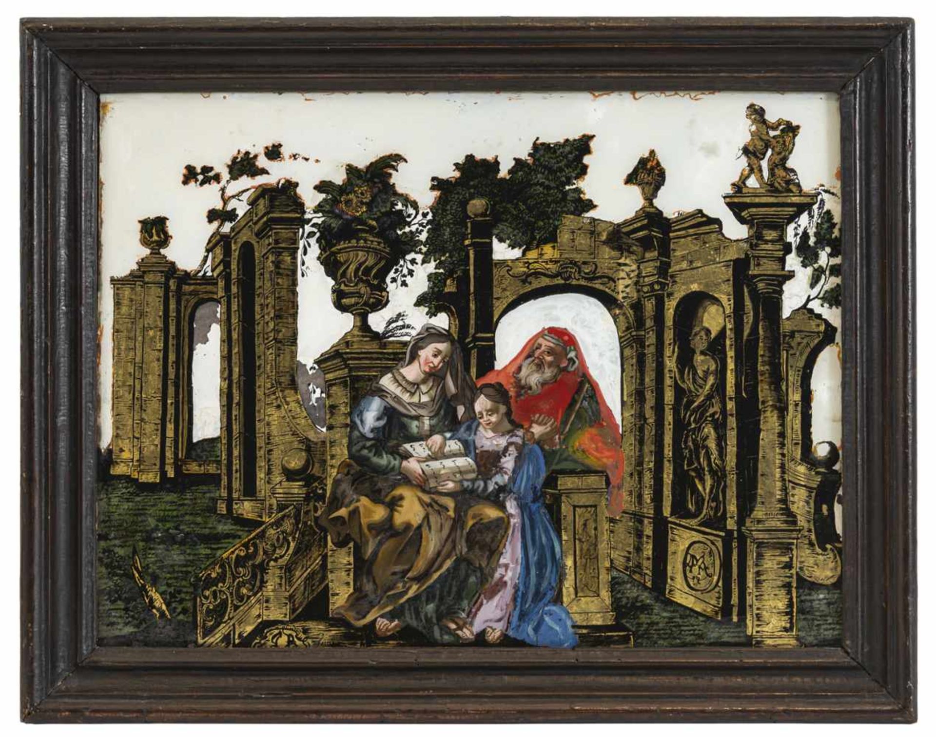A GLASS PAINTING ON REVERSE AND EGLOMISÉ, depicting Joachim, Anne and Mary in front of Baroque - Image 2 of 2