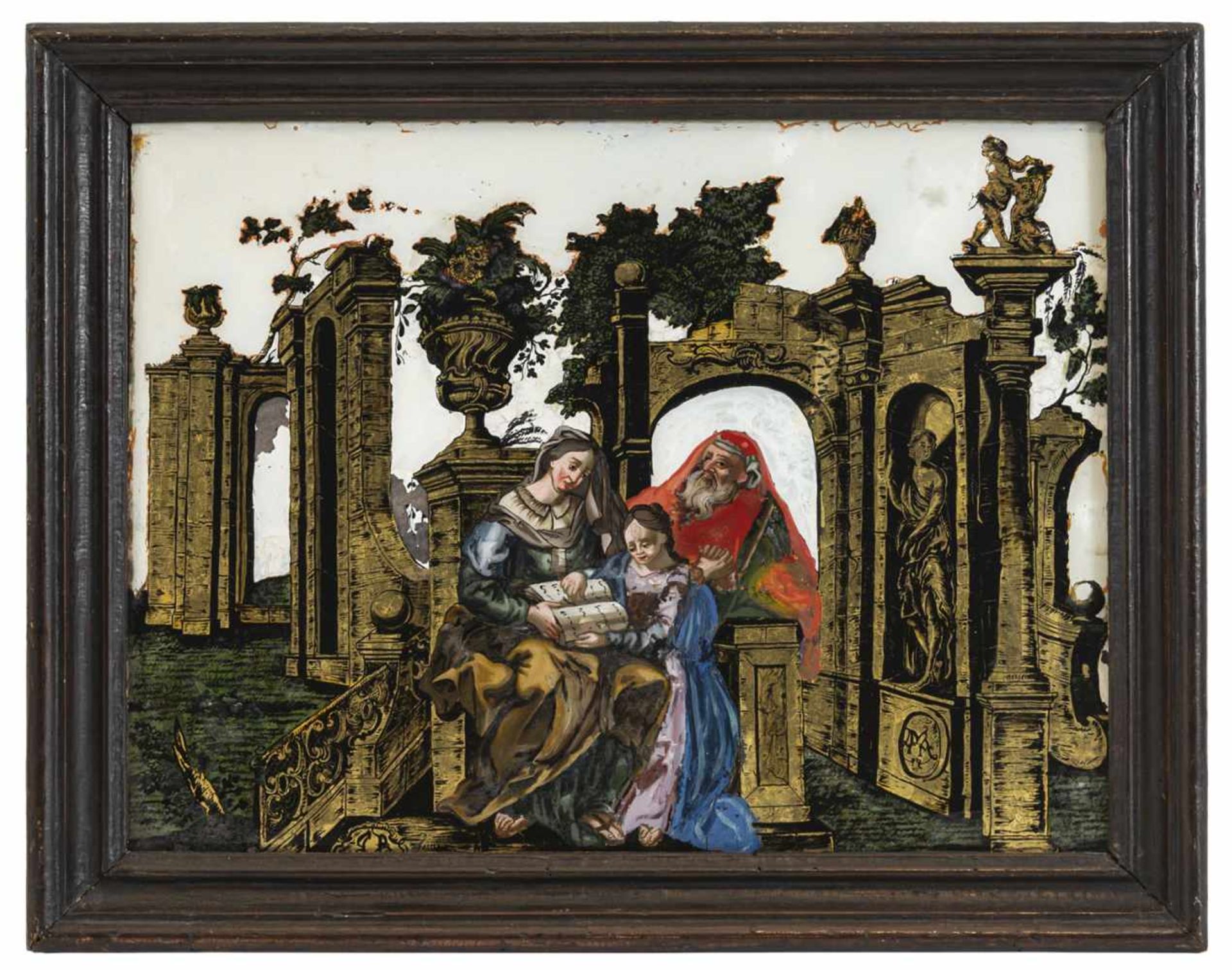 A GLASS PAINTING ON REVERSE AND EGLOMISÉ, depicting Joachim, Anne and Mary in front of Baroque - Bild 2 aus 2