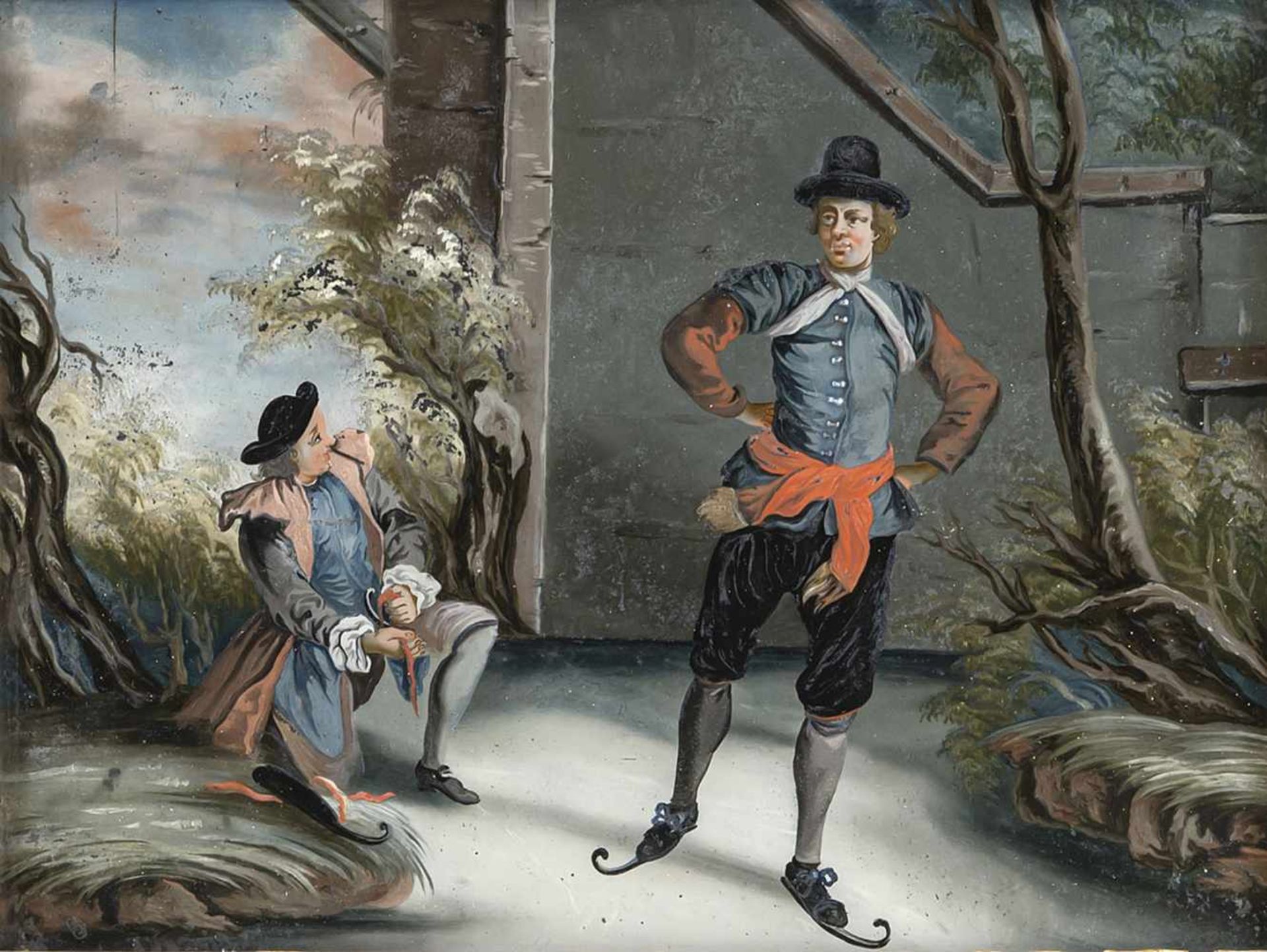 A GLASS PAINTING ON REVERSE depicting Dutch ice skater, Augsburg, middle of 18th century. Minor