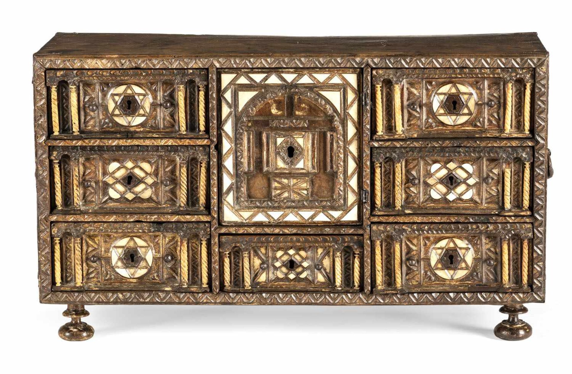 A Renaissance iron mounted, bone inlaid walnut cabinet, Spain, c. 1600. Rest. Add. Minor damages.