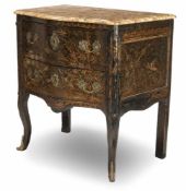 An opulent polychrome painted, brass mounted Rococo commode of chinoise style, 18th ct. Rest.