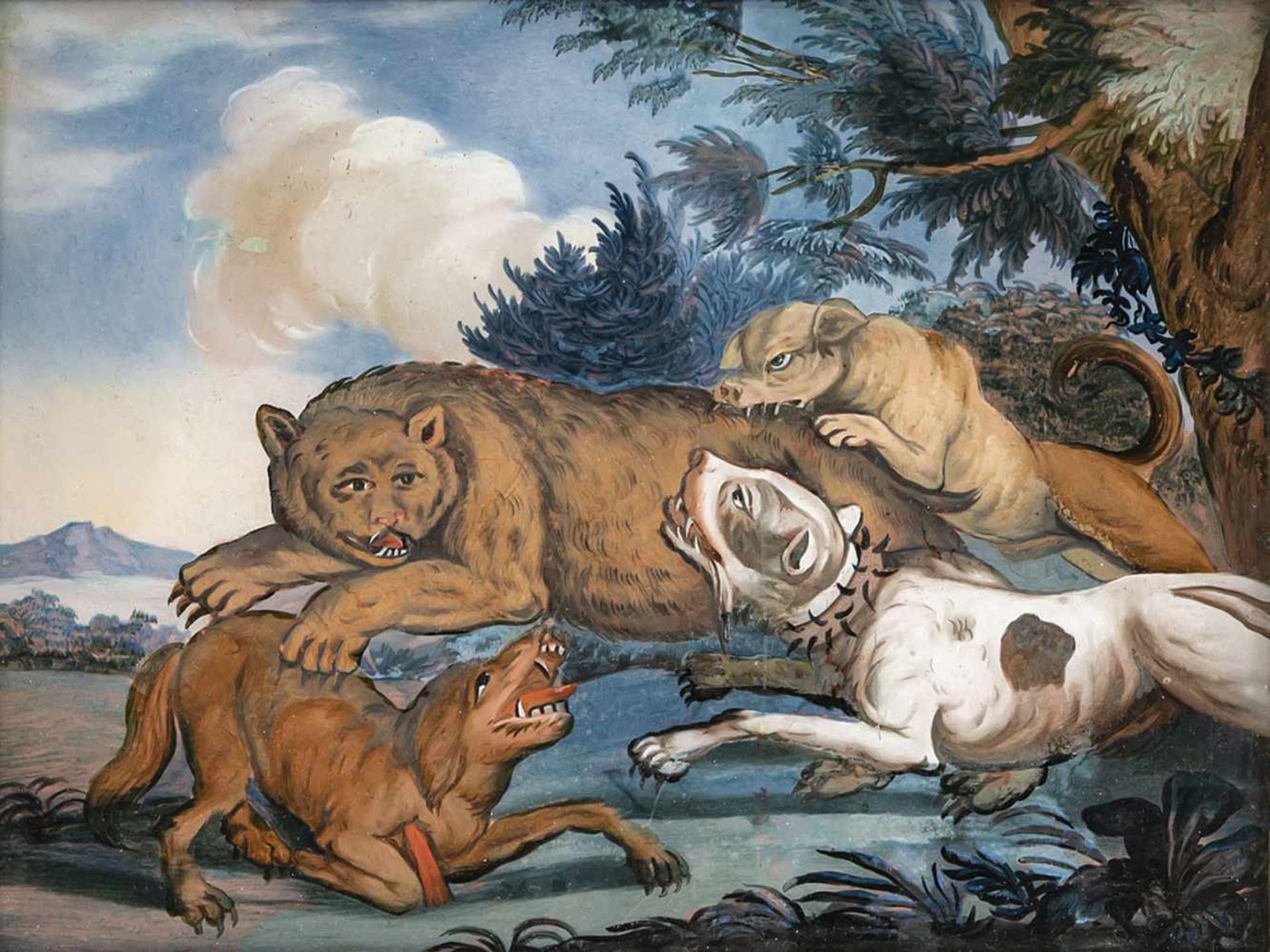 A GLASS PAINTING ON REVERSE depicting a bear hunting, probably Augsburg, middle of 18th century.