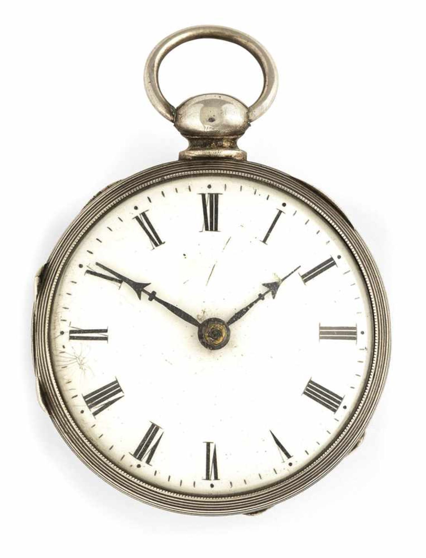 A silver pocket watch, c. 1800. White enamel dial with Roman numerals. Rest. Add. Signs of use and