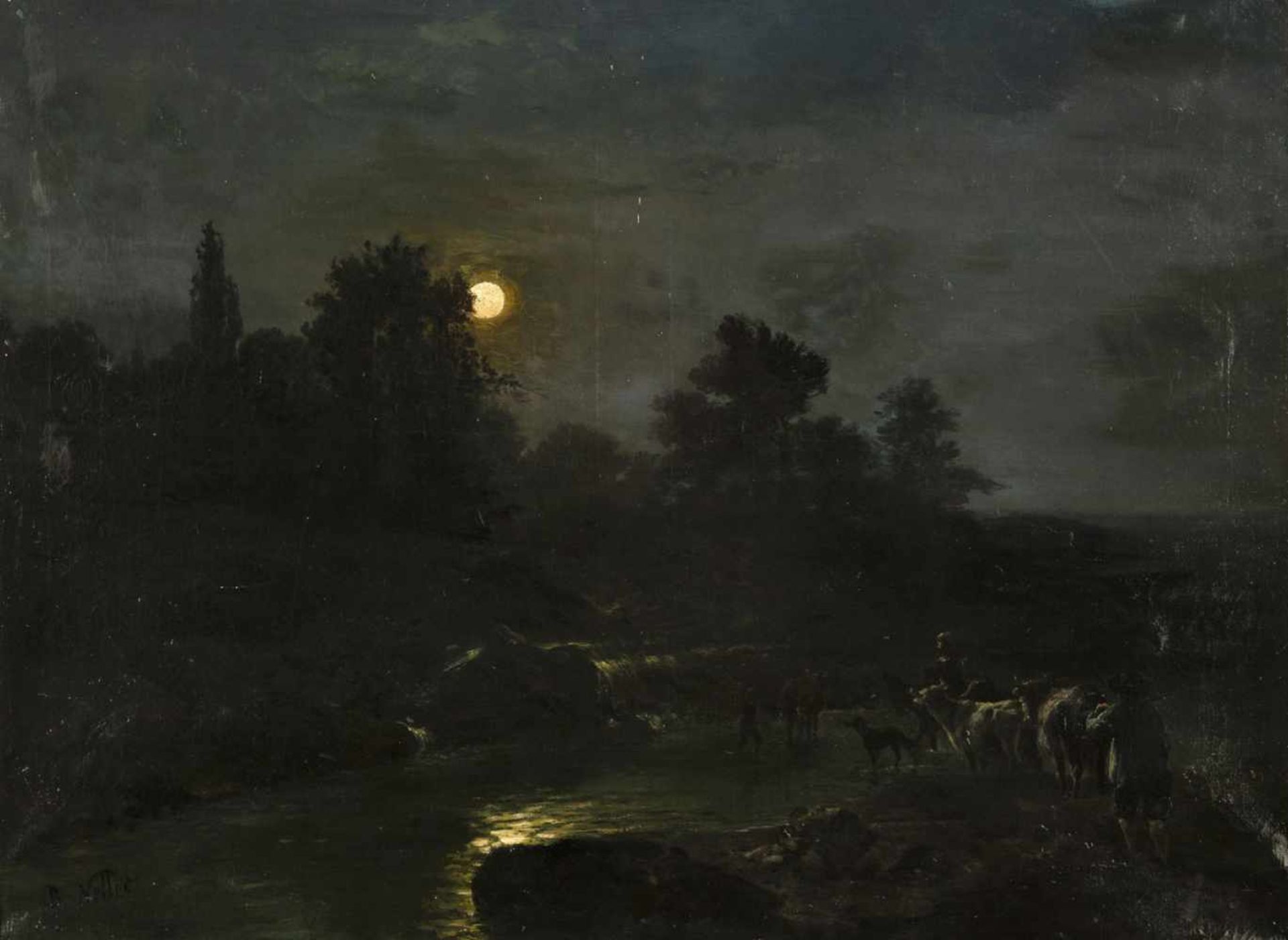 NETTER, BENJAMIN (1811-1881). Landscape at moonlight with a peasant family fording a river. Oil/