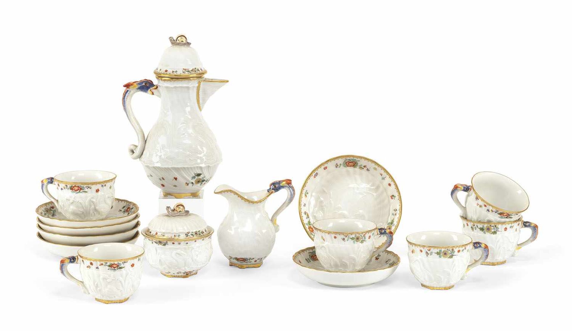 MEISSEN PORCELAIN MOCCA SERVICE FOR 6 PEOPLE FROM THE SWAN SERVICE. 20th century. Min. wear.