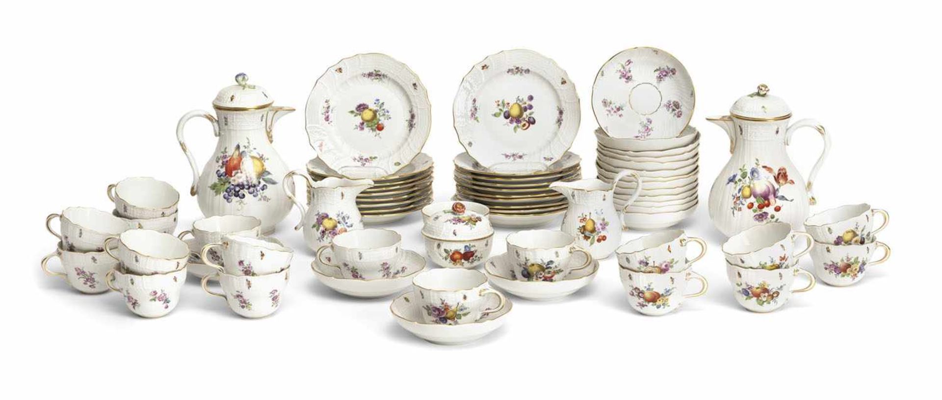 A MEISSEN NEUBRANDENSTEIN RELIEF, FRUIT, FLORAL AND INSECT PATTERN COFFEE SERVICE, gilt rim, blue