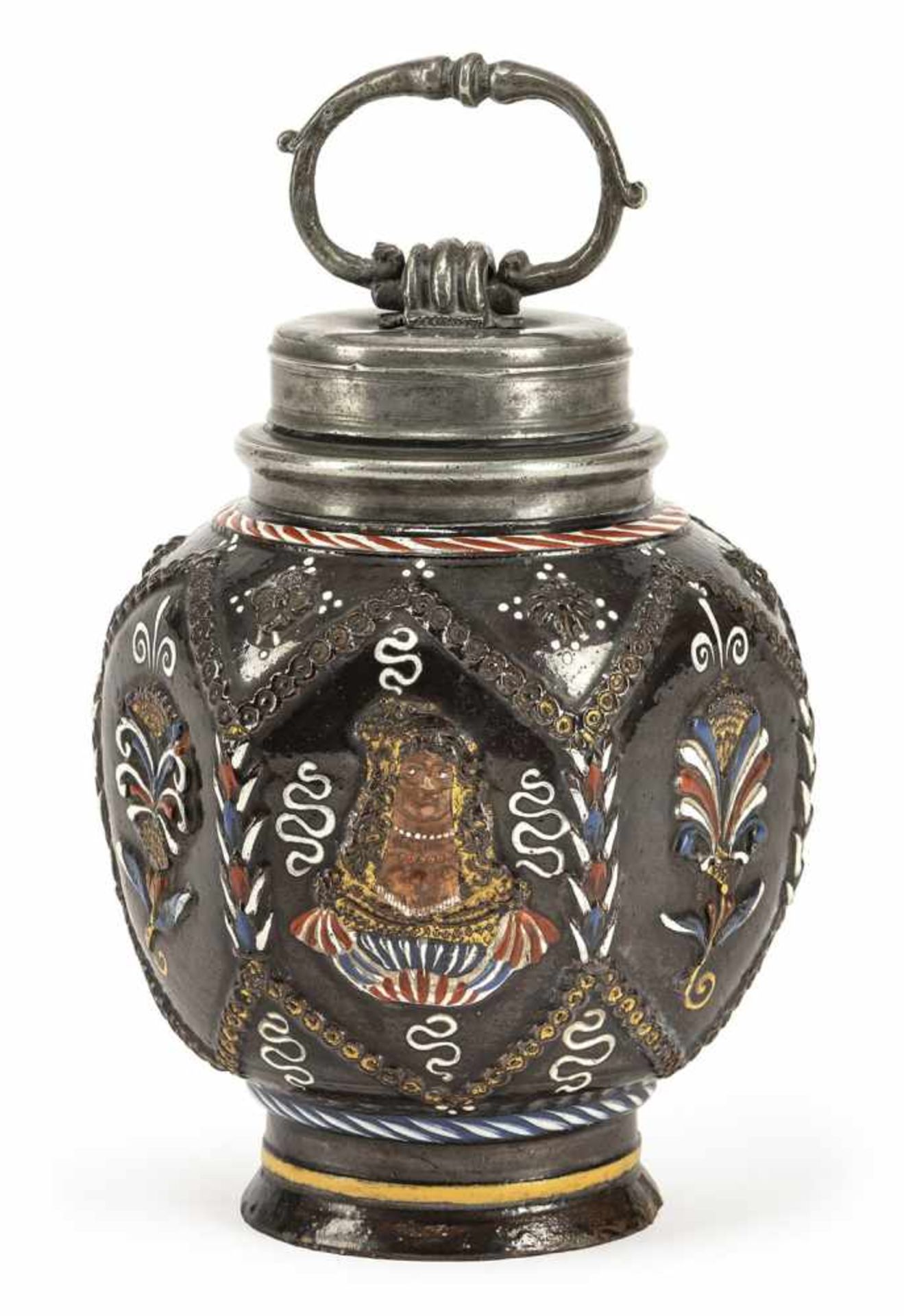 DIPPOLDISWALDE POLYCHROME PAINTED DARKBROWN STONEWARE SCREW BOTTLE, c. 1670/80. Pewter mounts marked - Bild 2 aus 2