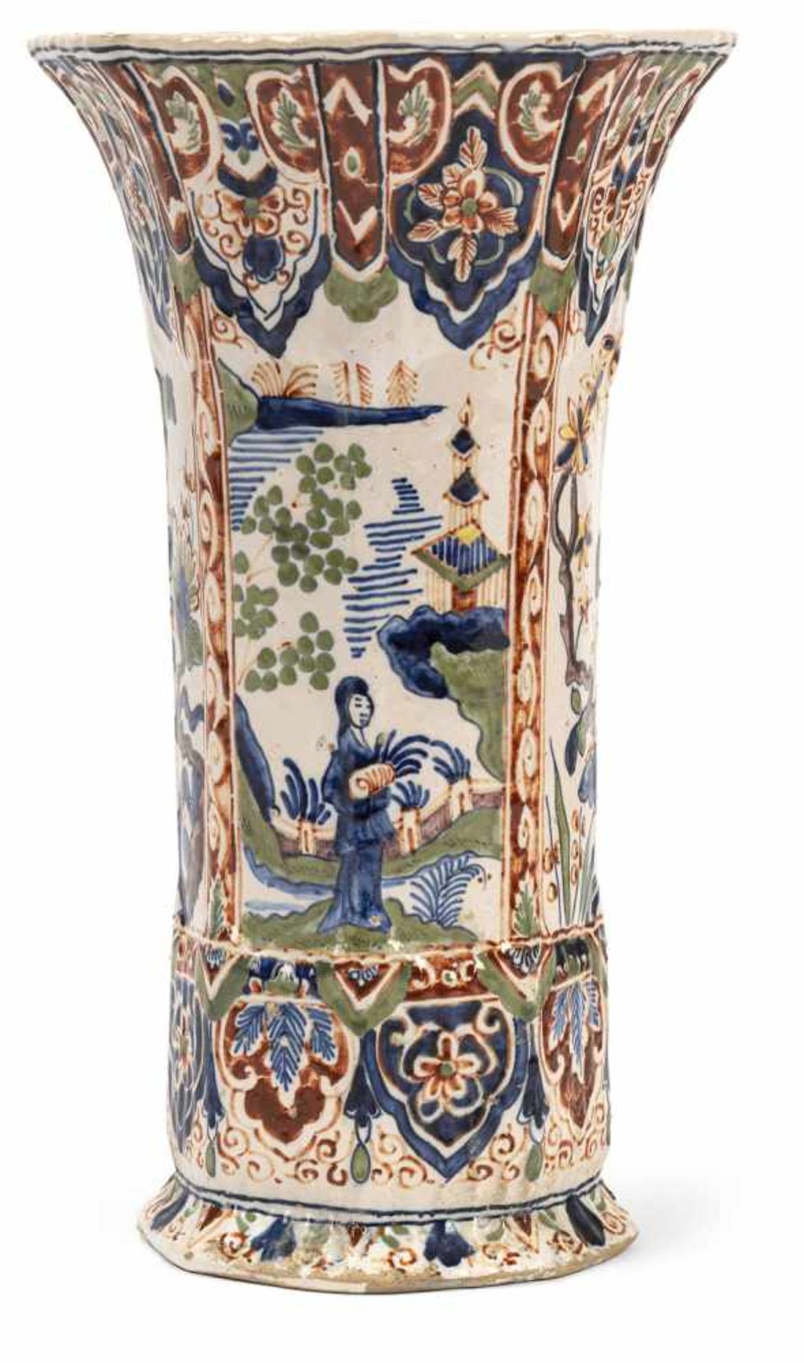 A DELFT "CASHMIRE" PALETTE REEDED OCTAGONAL VASE, Lambertus van Eenhoorn, De Metaale Pot, 1691-1721.