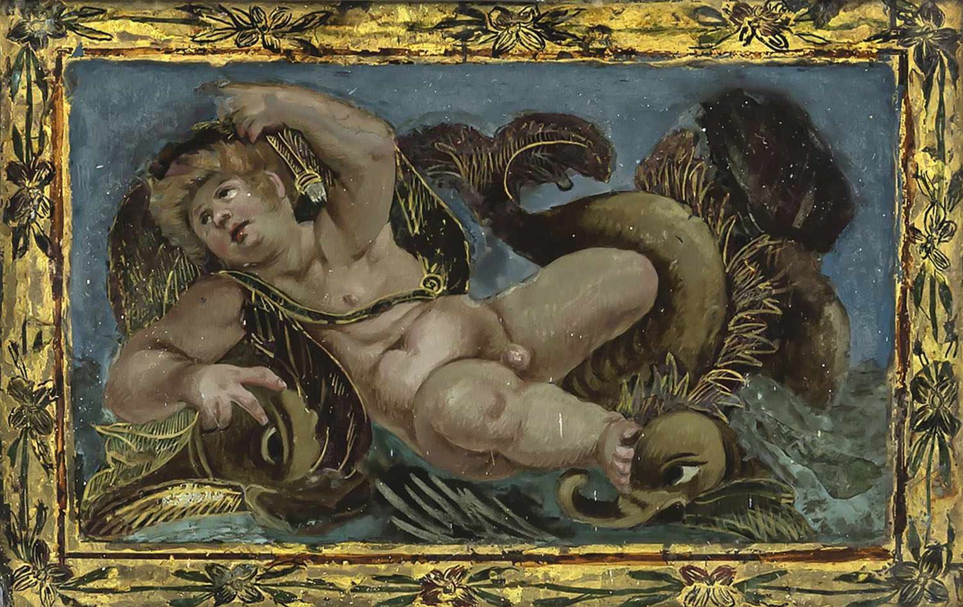 A GLASS PAINTING ON REVERSE depicting a putto as Neptune, probably Italy, 17th/18th century. Old