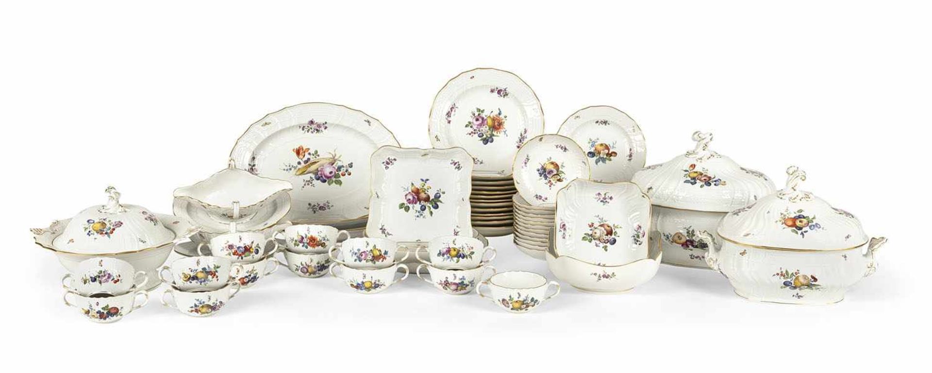 A MEISSEN NEUBRANDENSTEIN RELIEF, FRUIT, FLORAL AND INSECT PATTERN DINNER SERVICE FOR 12 PEOPLE,