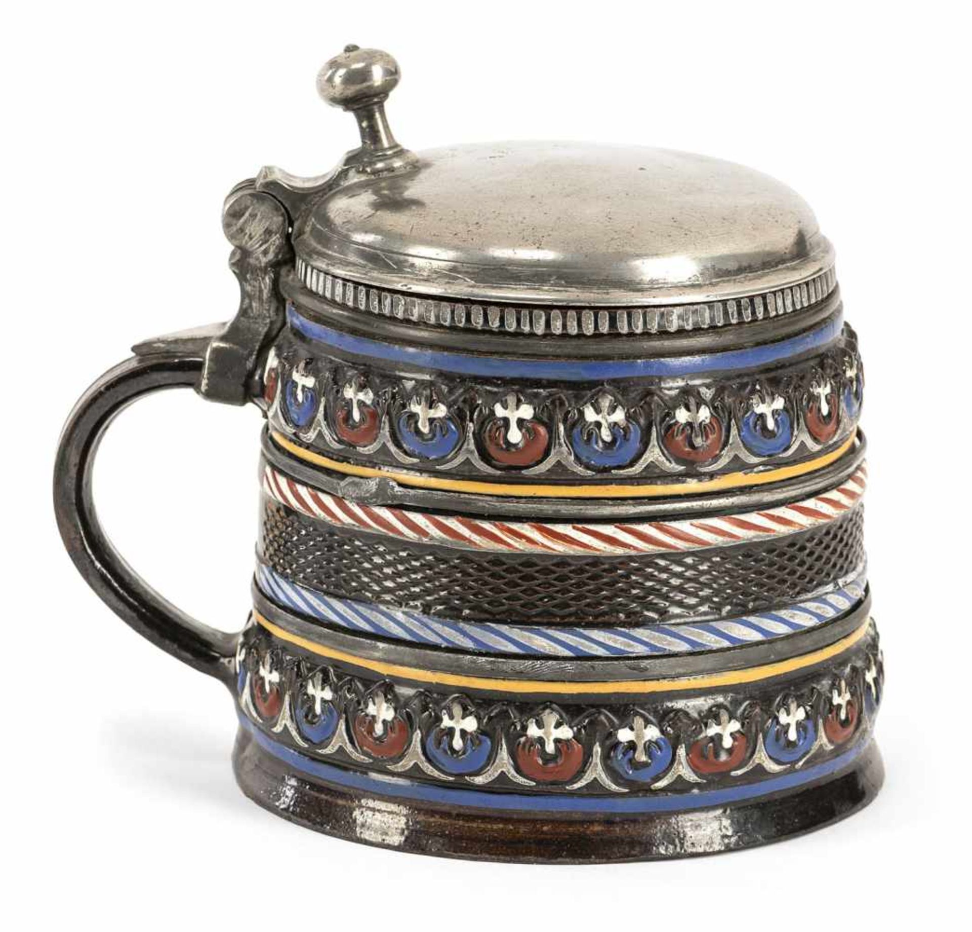 DIPPOLDISWALDE RELIEF PATTERN AND PAINTED DARK BROWN STEIN, c. 1660/80. Pewter cover. Cracked.