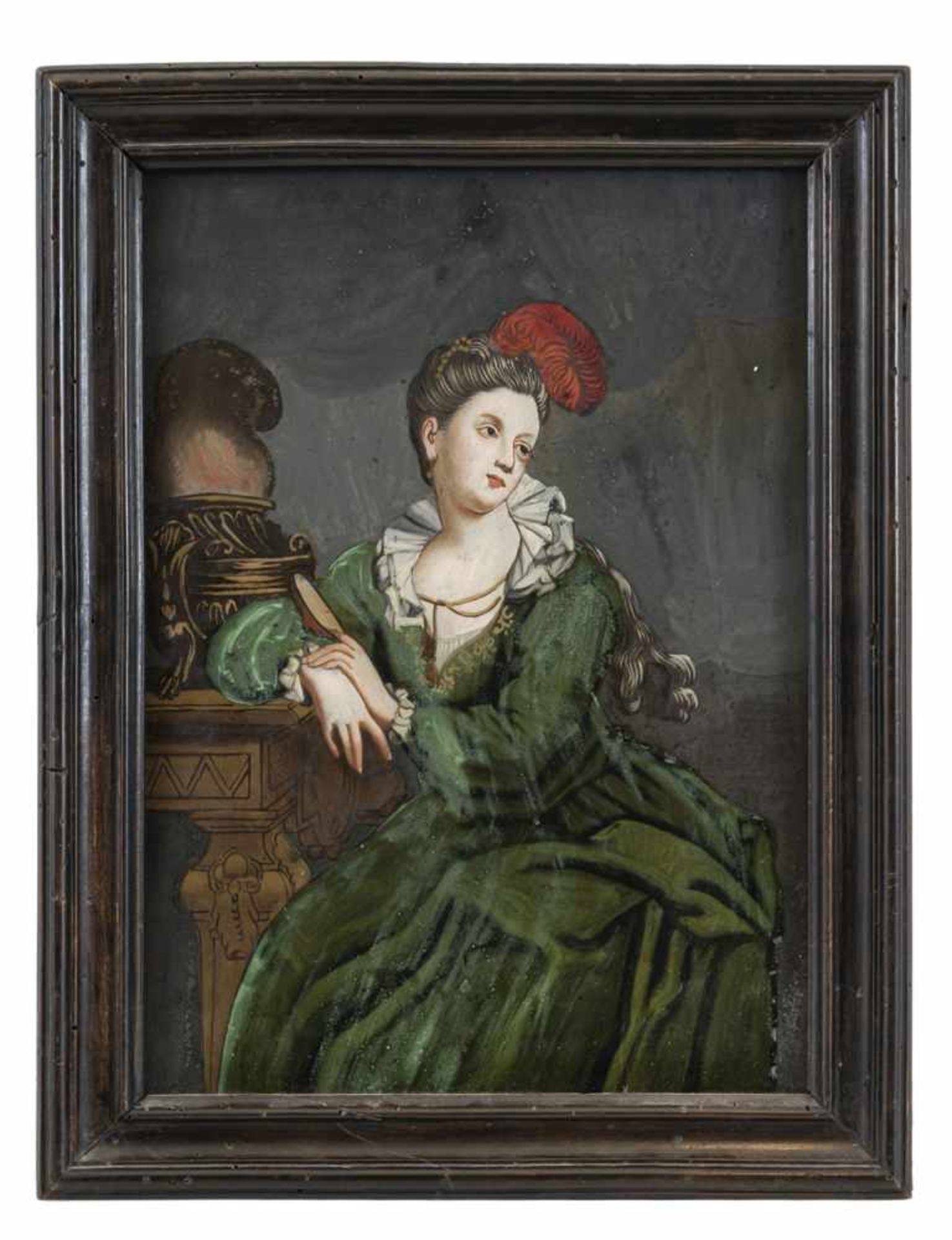 A GLASS PAINTING ON REVERSE, South German, c. 1730/40. A lady in a green dress. Minor wear. - Image 2 of 2