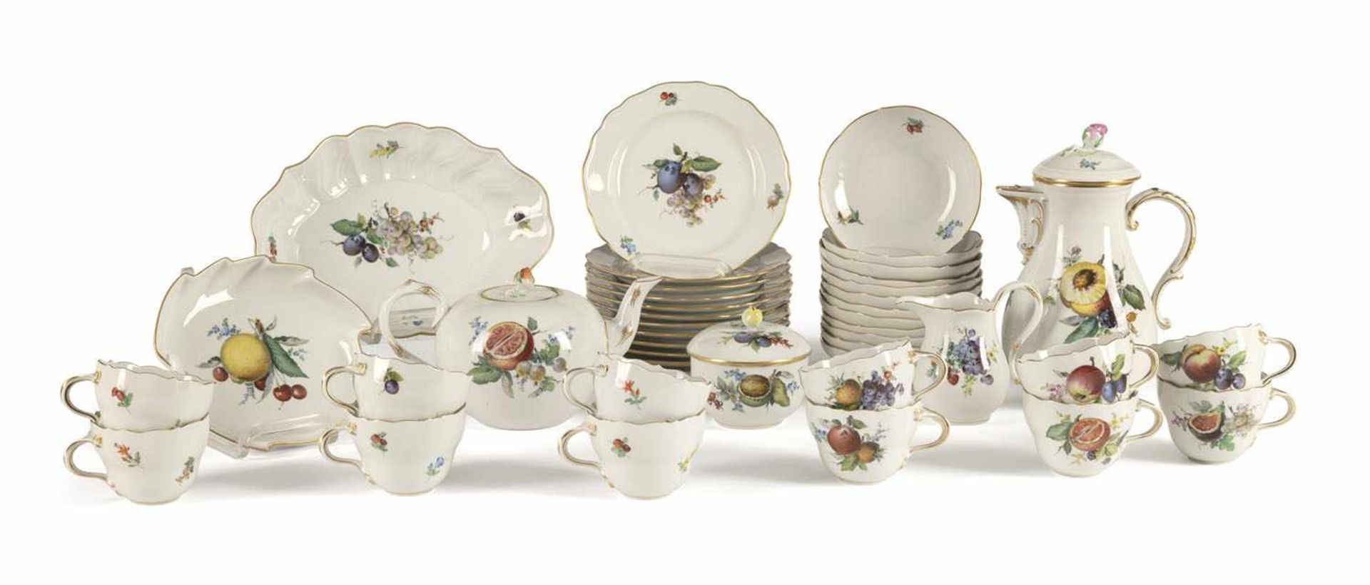 A MEISSEN FRUIT PATTERN COFFEE AND TEA SERVICE FOR 12 PEOPLE, last quater of 20th century. Marked.