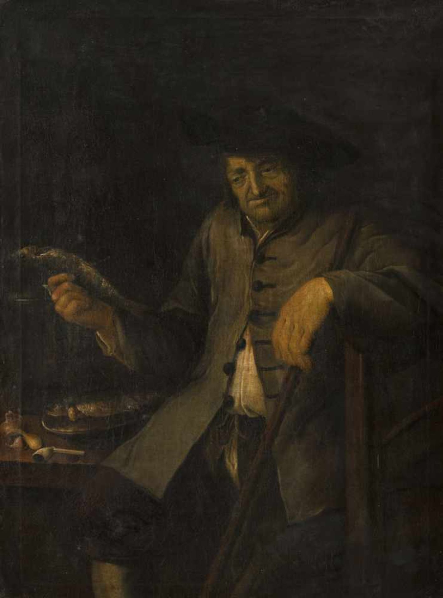 GERMANY (1st half of 18th ct.). Portrait of an elderly man at a kitchen table with fish. Oil/canvas,