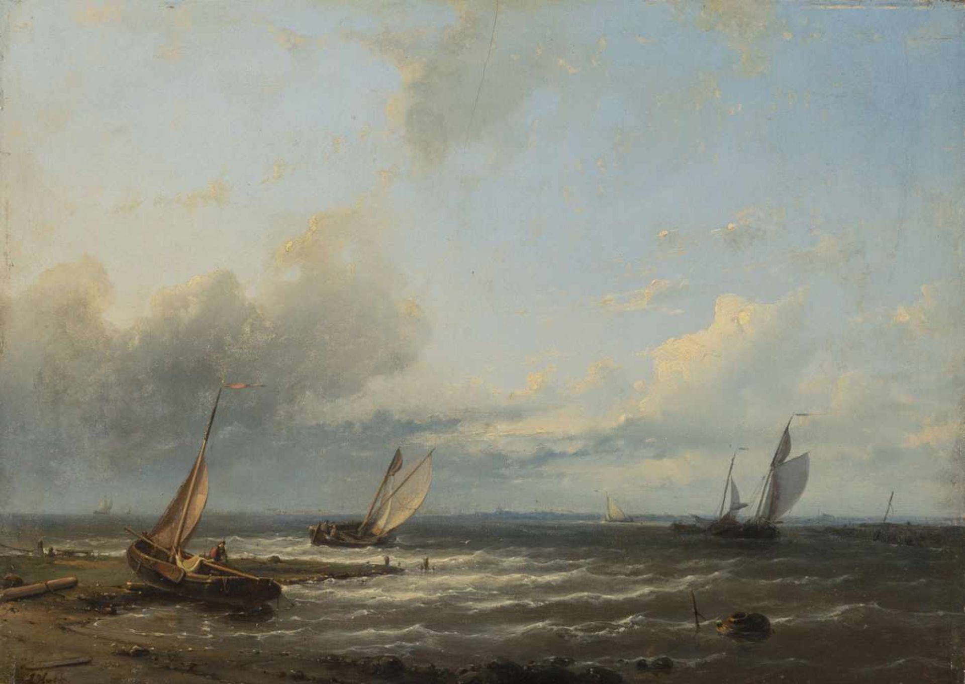 HULK, ABRAHAM (1813-1897). Sailing ships in moderately agitated sea with cloudy sky. Oil/panel,