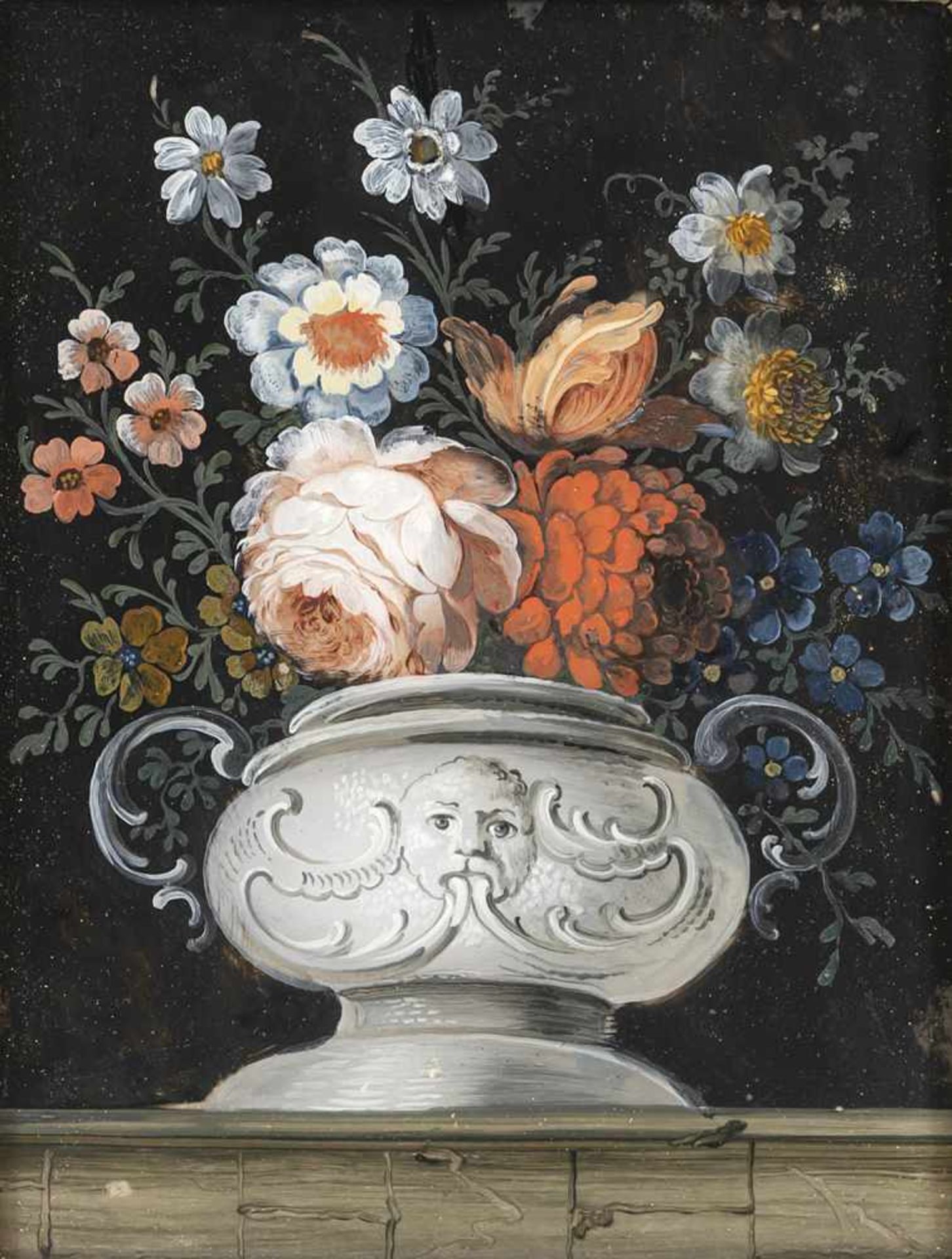 A GLASS PAINTING ON REVERSE, Augsburg, middle of 18th century. Stillife of flowers. Minor wear, min.