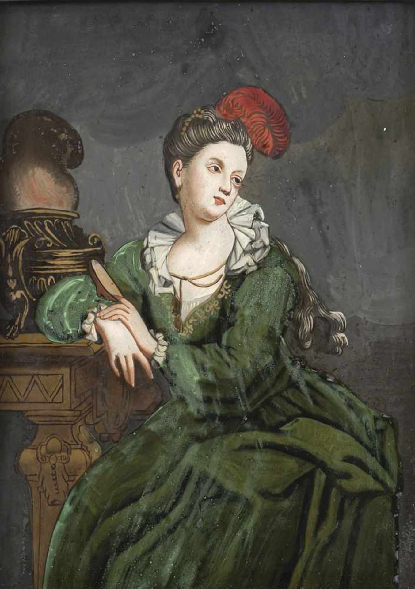 A GLASS PAINTING ON REVERSE, South German, c. 1730/40. A lady in a green dress. Minor wear.
