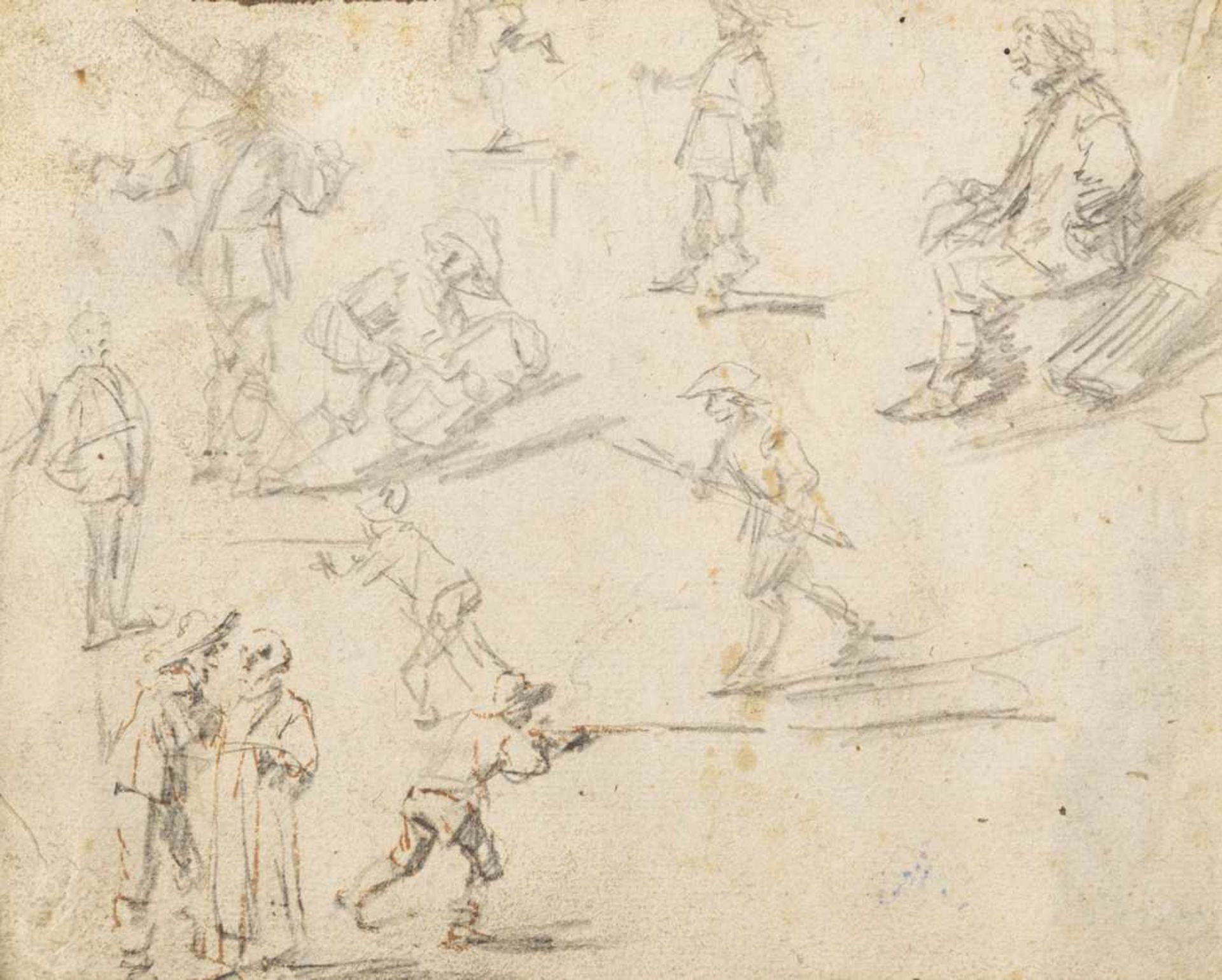 TENIERS, DAVID (attr., 1610-1690). Figure studies. Black chalk and brown ink, verso collector's mark