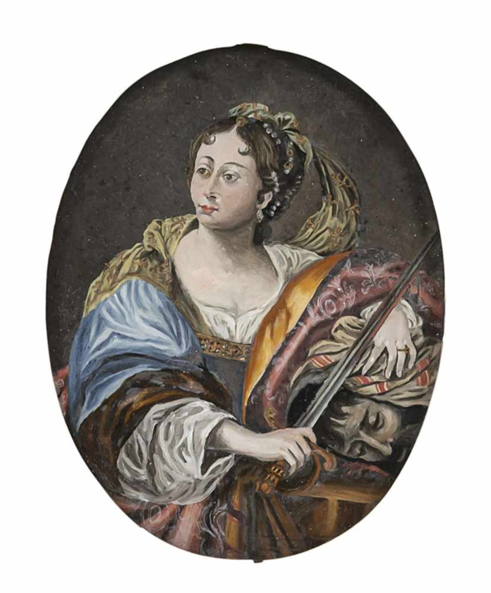 GLASS PAINTING ON REVERSE, probably Northern Switzerland, 1st half of 18th century. Judith with