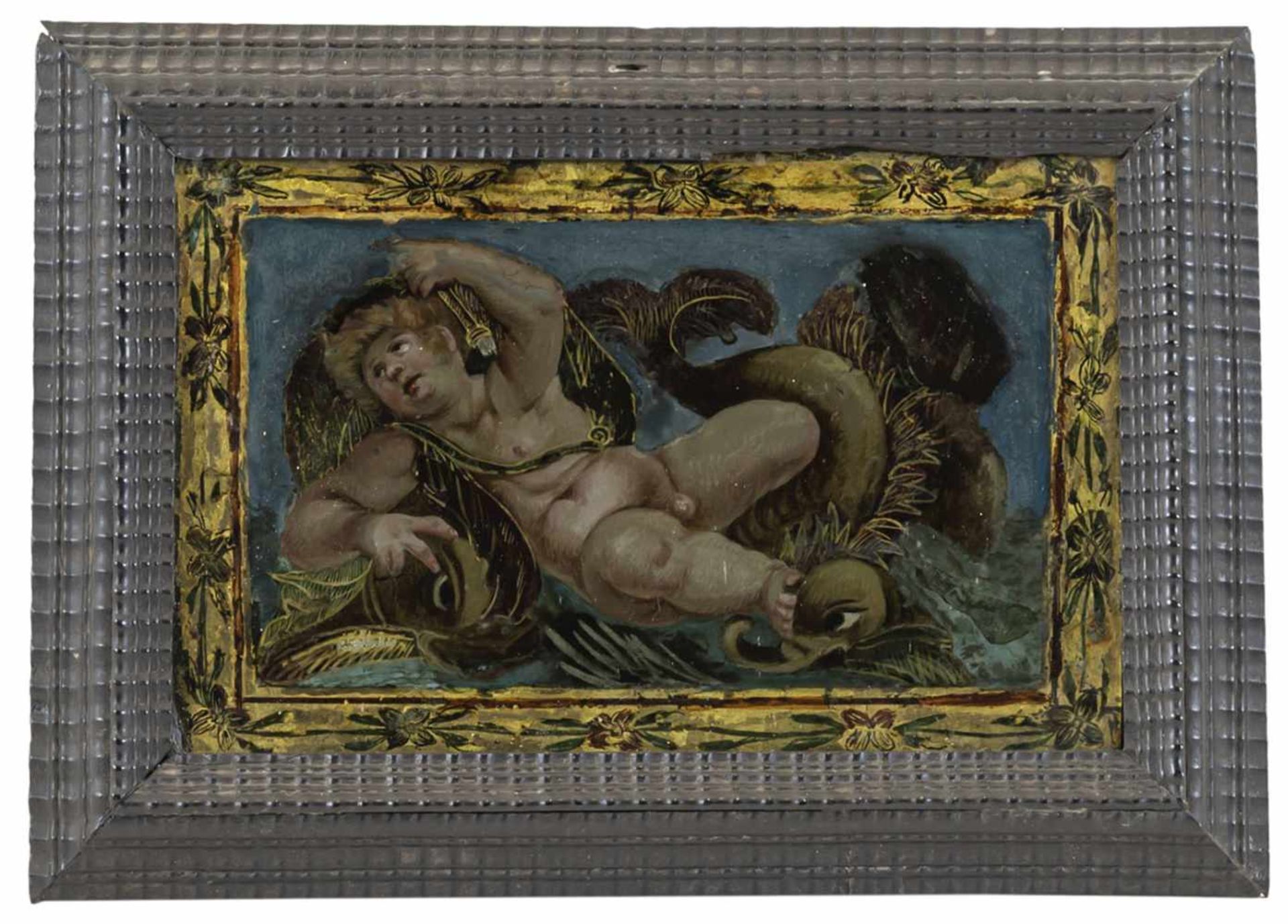 A GLASS PAINTING ON REVERSE depicting a putto as Neptune, probably Italy, 17th/18th century. Old - Bild 2 aus 2