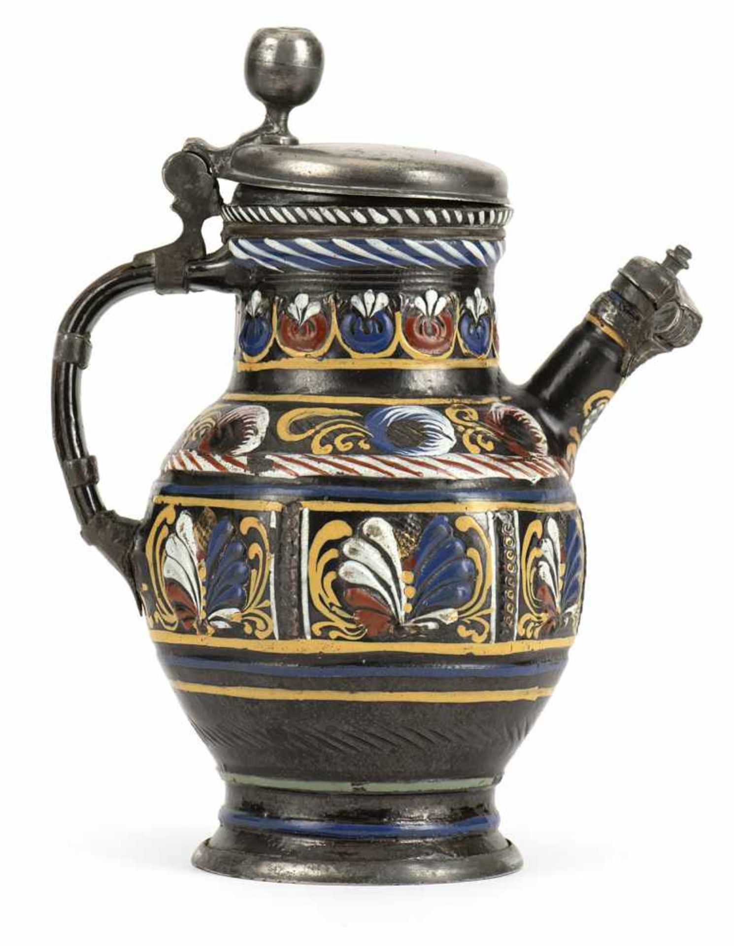 A DIPPOLDISWALDE BROWN STEIN WITH PAINTED AND RELEIF PALM LEAF PATTERN, c. 1680. Pewter mounts,