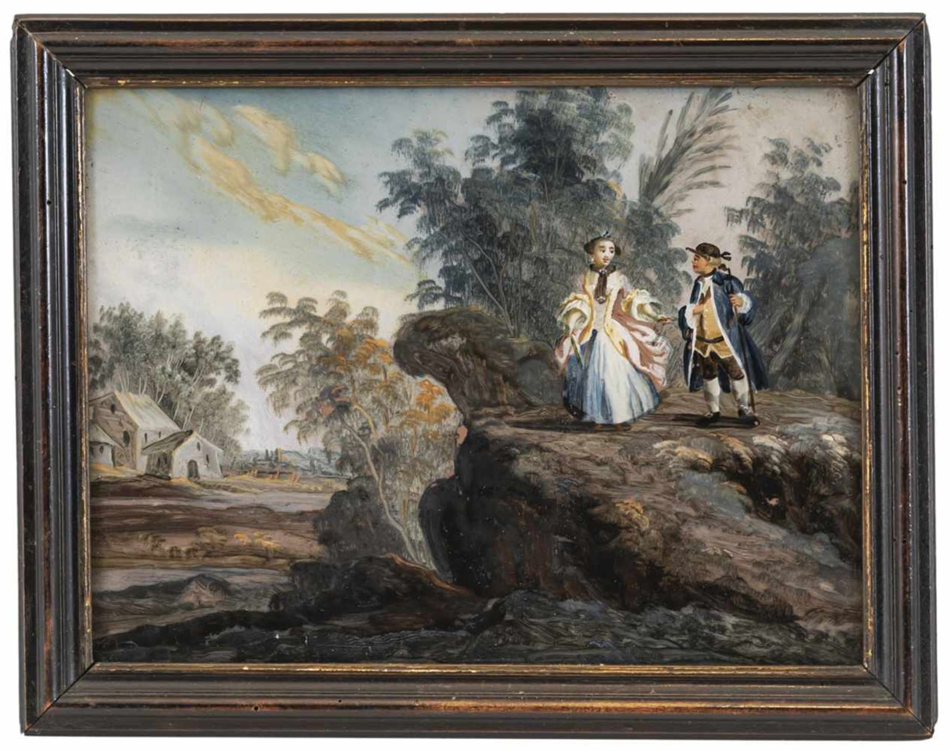 A GLASS PAINTING ON REVERSE, Augsburg, middle of 18th century. A Rococo couple in a river landscape. - Bild 2 aus 2