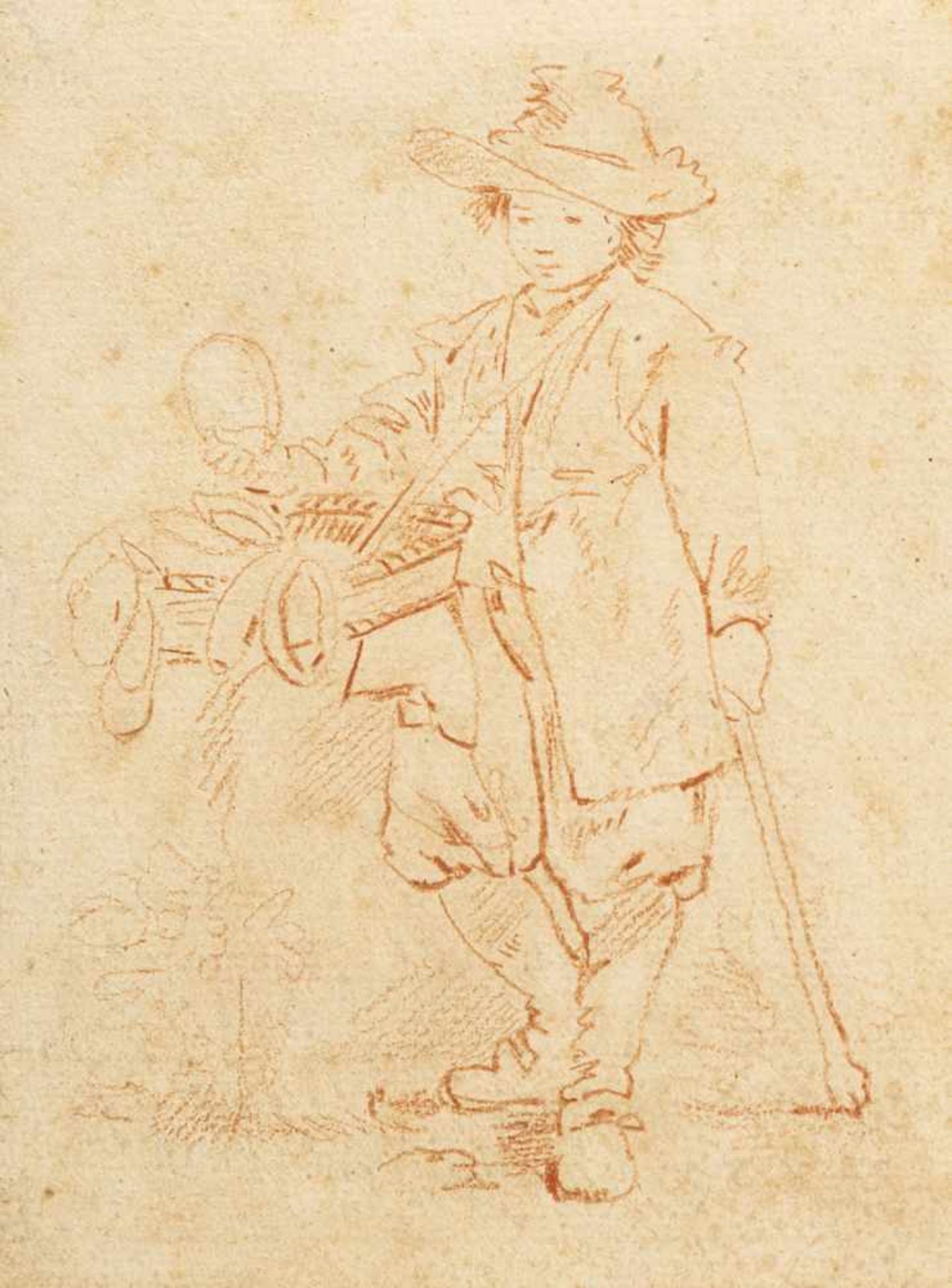 FRANCE (18/19th ct.). A pedlar boy with a tray of wares. Red chalk/paper, at the upper margin laid