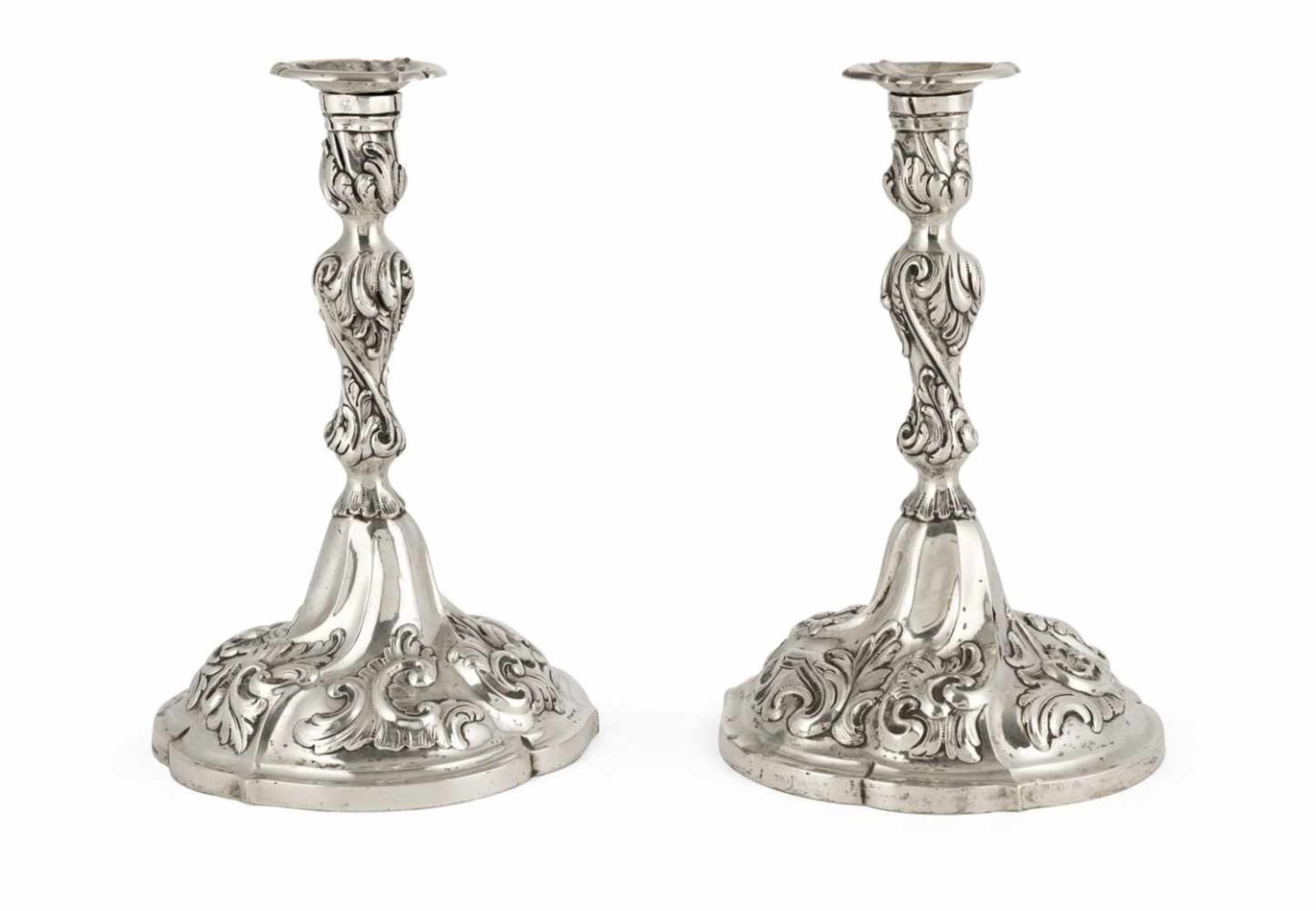 A PAIR OF BERLIN ROCOCO STYLE SILVER CANDLESTICKS, maker's mark of Hossauer, c. 1845/60. Town