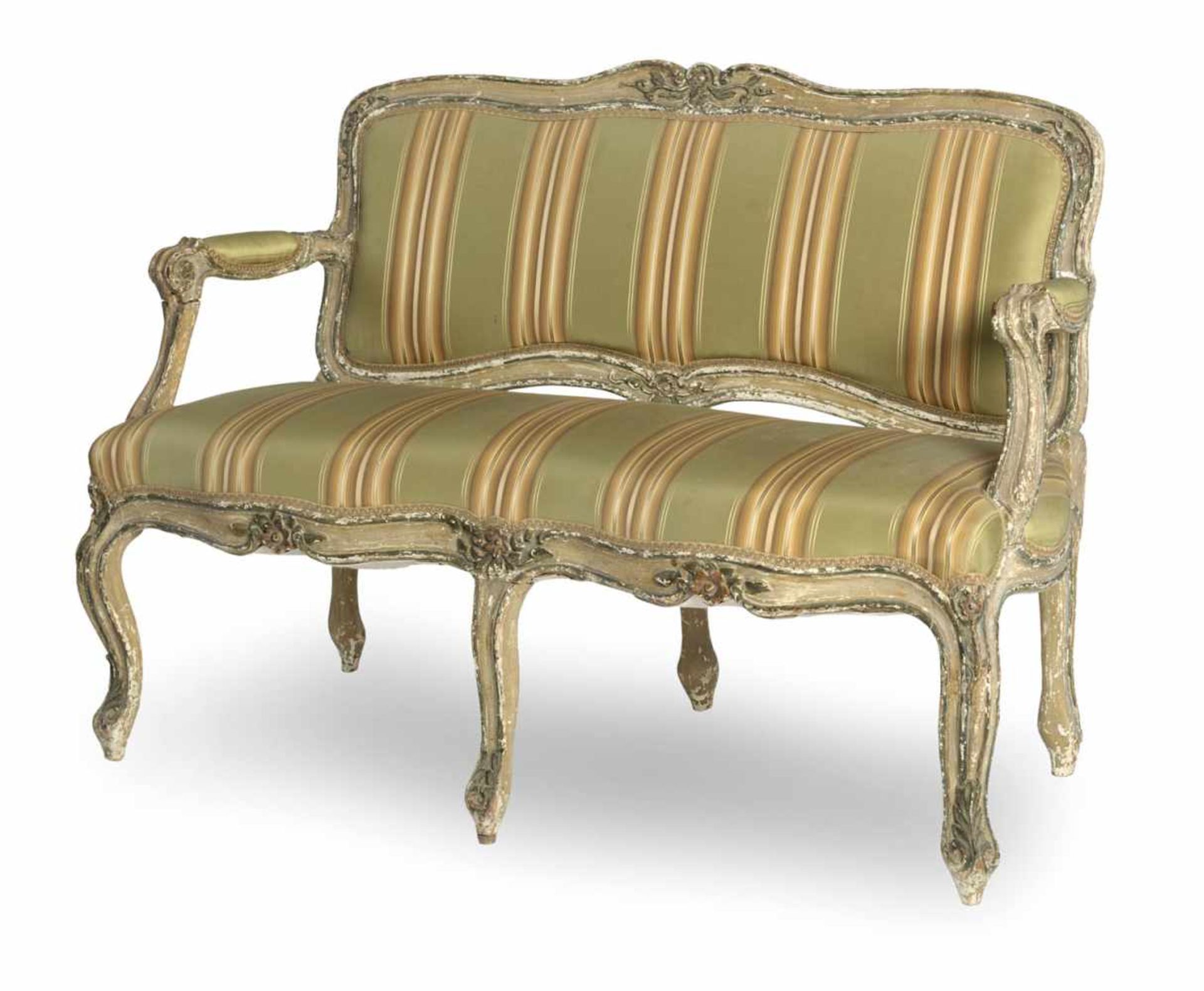 A small Rococo carved and polychrome painted settee, Italy, 18th ct. Rest. Signs of aging.