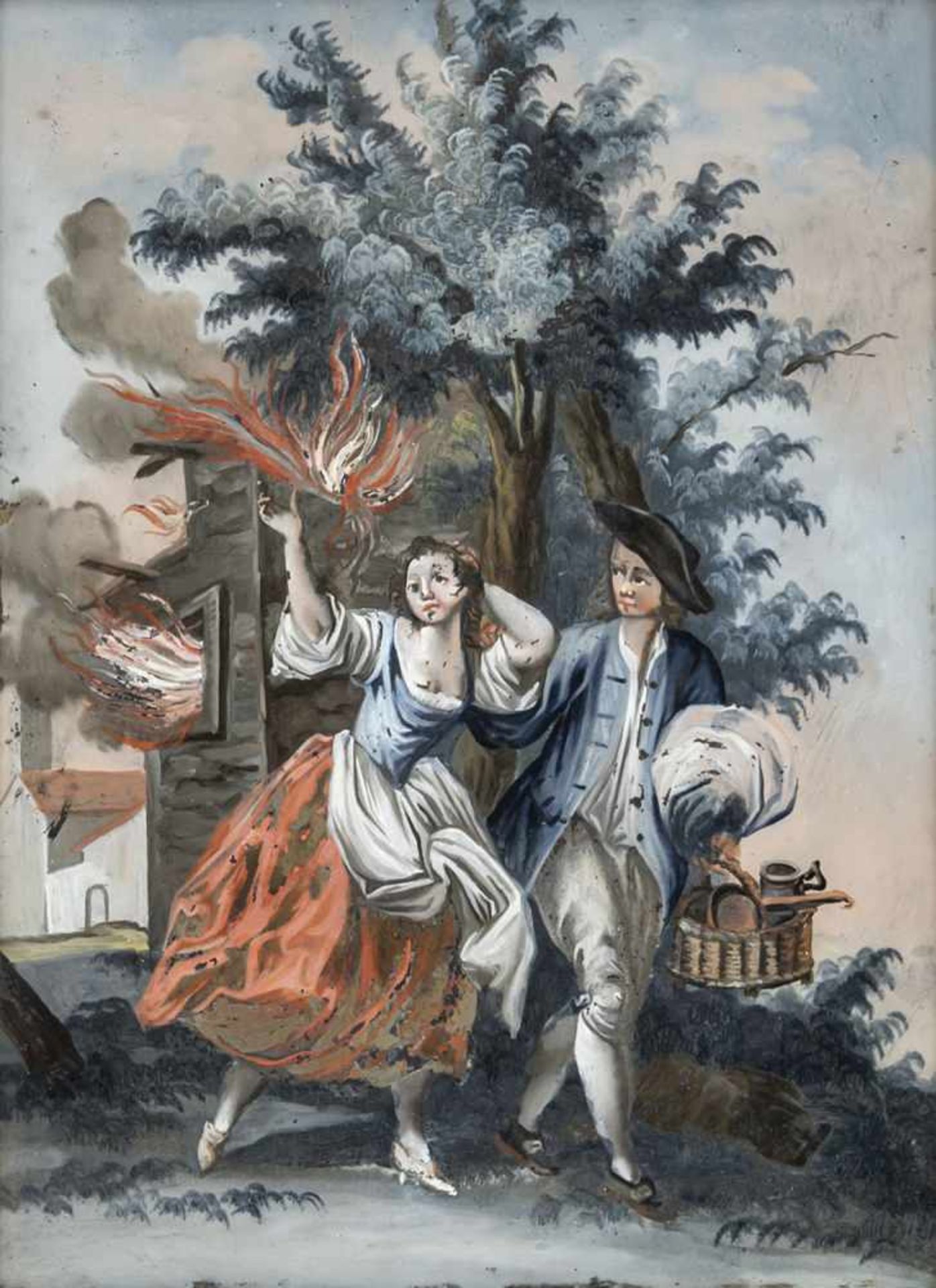 A GLASS PAINTING ON REVERSE, Augsburg, 2nd half of 18th century. The Element "Fire" of a series.