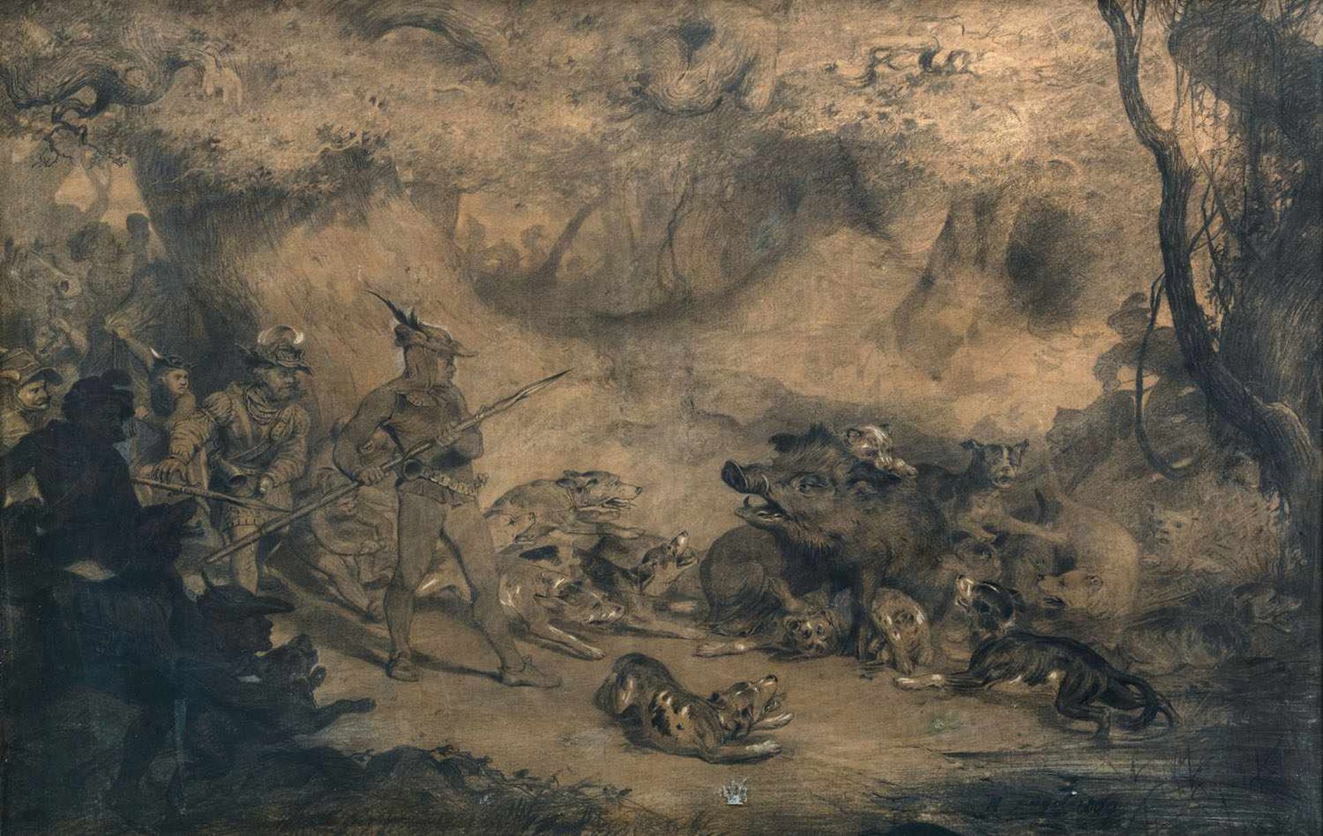 ZÜGEL, HEINRICH VON (1850-1941). Wild Boar Hunt in the Middle Ages. Mixed media/paper/canvas, signed