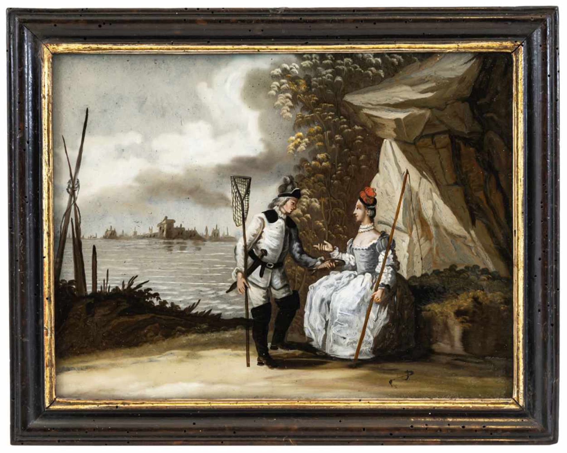 A GLASS PAINTING ON REVERSE DEPICTING THE ELEMENT WATER, Augsburg, c. 1750. A fisher's couple in - Bild 2 aus 2