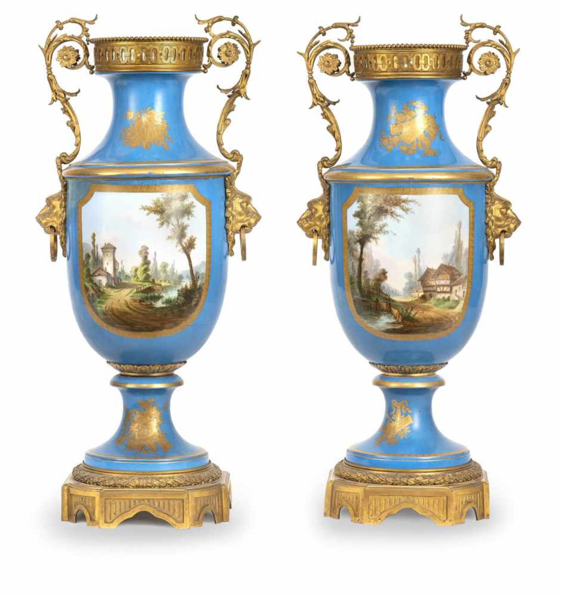 A PAIR OF BIG FRENCH/SEVRES BRONZE MOUNTED PORCELAIN VASES, middle of 19th century. Blue celeste