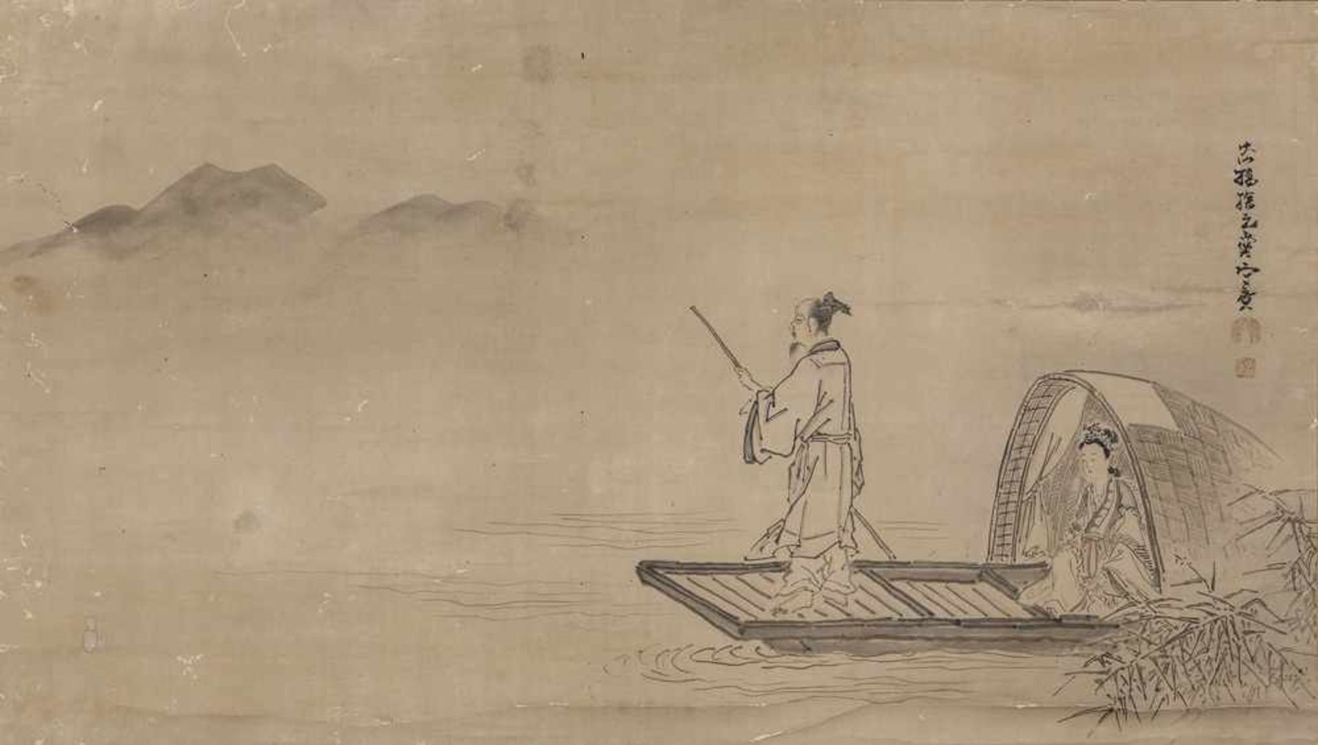 Kano Tangen (1679-1767) - Darstellung der Seiobo auf einem Boot , als Hängerolle montiert