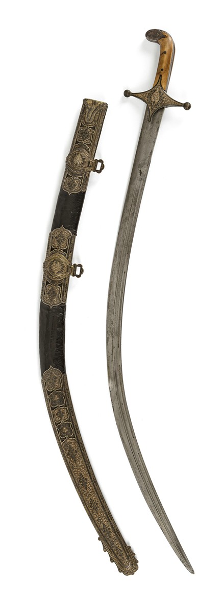 Datiertes Schwert m. Lederscheide und Silbermontierungen m. Niello-Dekor u. Griff aus Horn