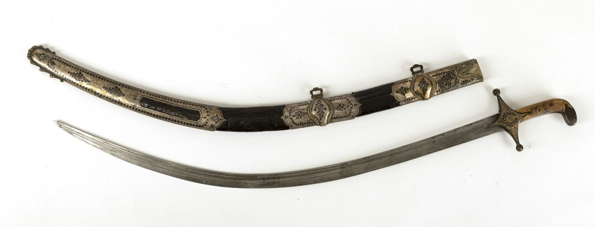 Datiertes Schwert m. Lederscheide und Silbermontierungen m. Niello-Dekor u. Griff aus Horn - Bild 2 aus 2
