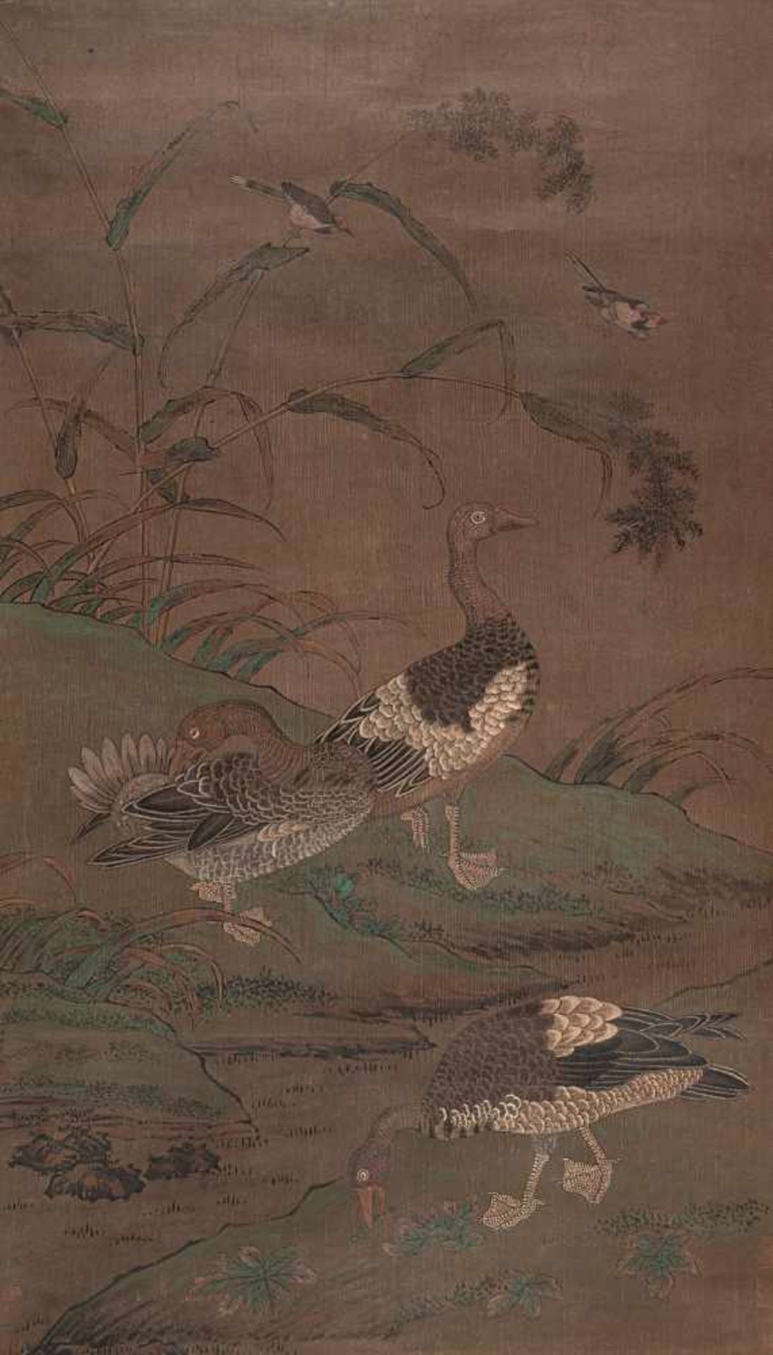 Anonyme Malerei im Ming-Stil mit Gänsen, Bambus und Eisvögel