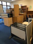 Miscellaneous lot comprising, cantilever frame desk, side table, bookcase, gas lift chair (damaged),