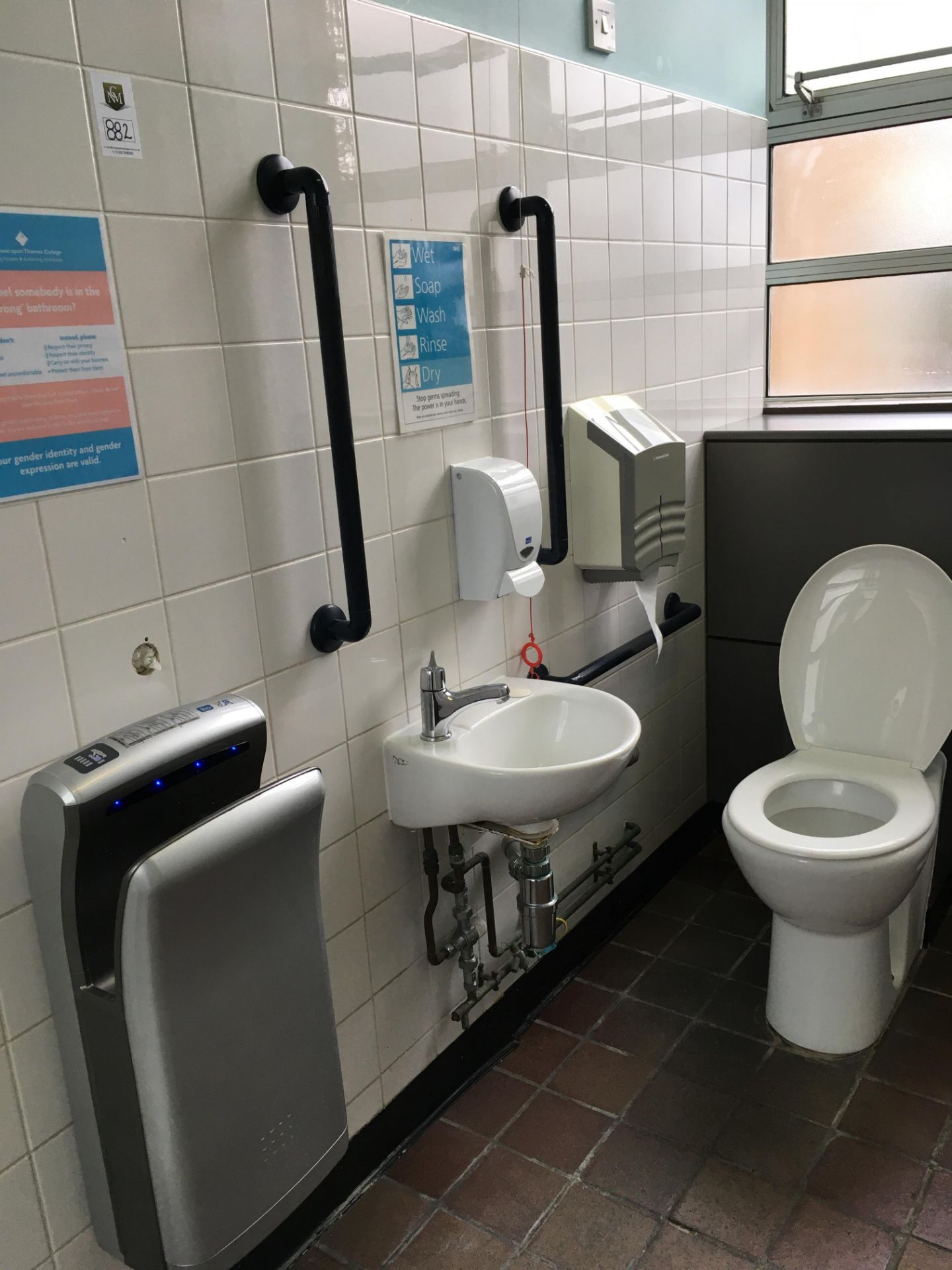 Contents of disabled toilet comprising, 1 x cubicle, 1 x sink, 1 x hand drier, 1 x mirror, safety ra