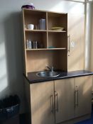 Free-standing sink unit with cupboards under and shelves over