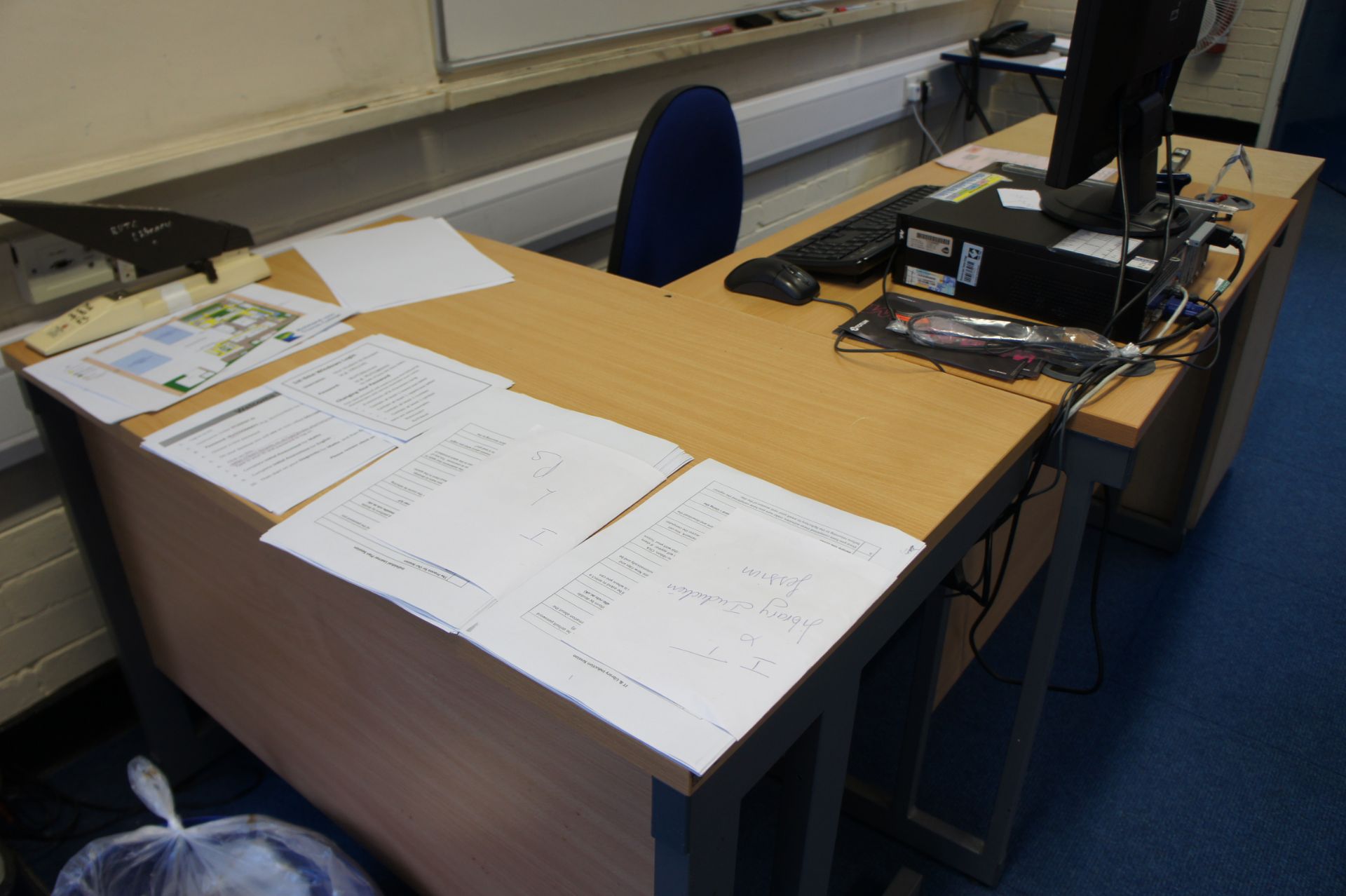 Work station comprising, 2 x desks, three drawer pedestal, gas lift chair