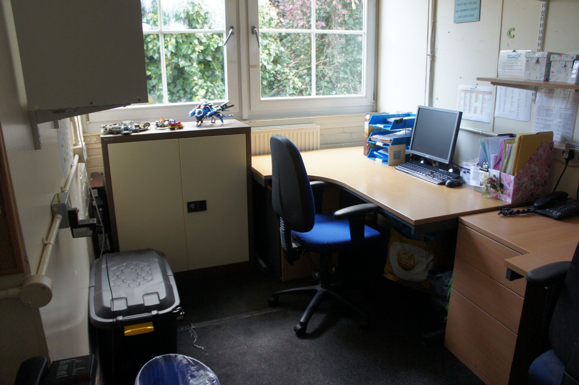 Miscellaneous lot comprising, 3 x curve front desks, 3 x three drawer pedestal, 3 x gas lift chairs, - Image 2 of 5