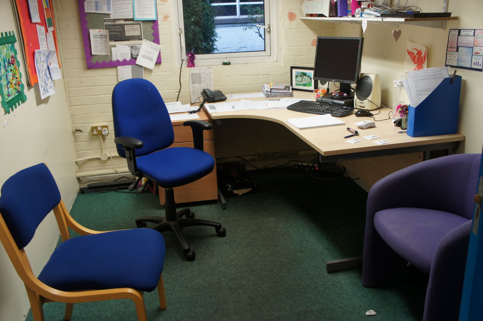 Contents of room comprising, cantilever desk, curve front desk, 3 x three drawer pedestals, three dr - Image 3 of 5