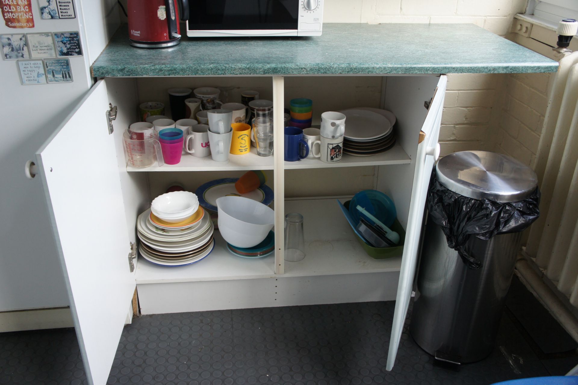 Contents of room comprising, fridge, Russell Hobbs kettle, microwave, folding chair, 2 x folding ta - Image 3 of 4