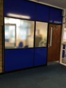 Demountable partition wall with mild steel frame and polycarbonate and glazed insert panels with sin