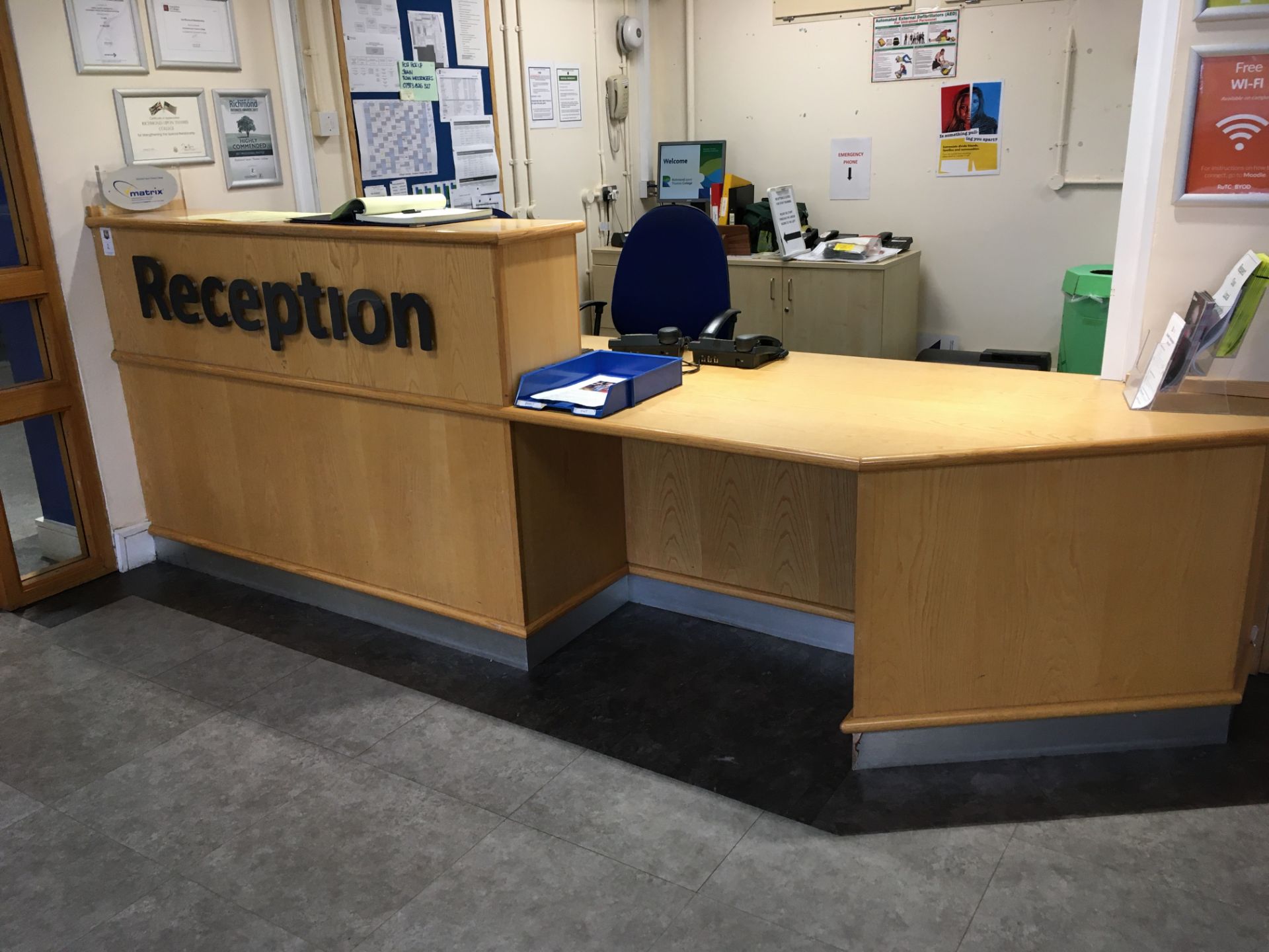 Contents of Reception comprising, 4 piece modular desk, 2 x office chairs, cupboard, pedestal, 2 x c